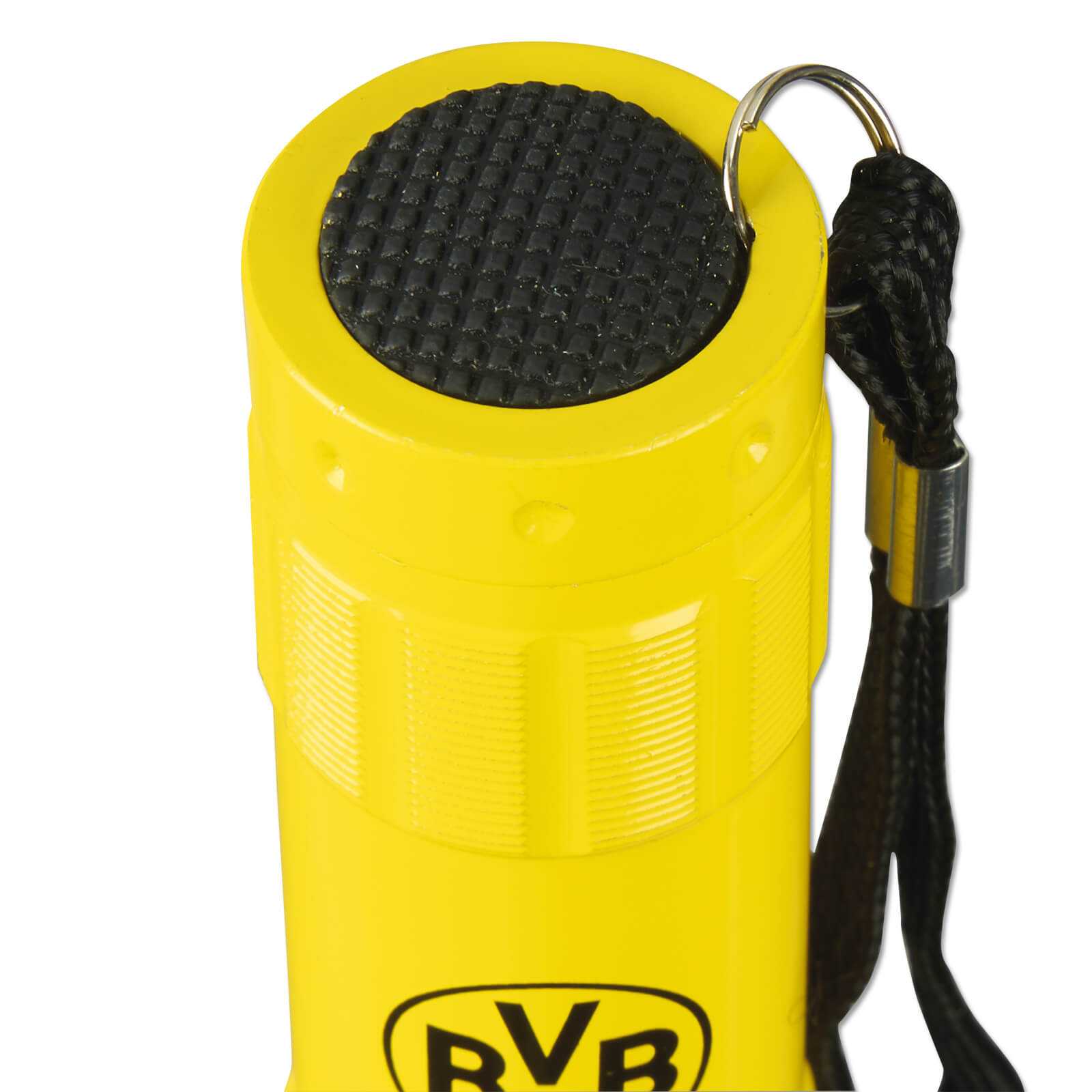 Detailansicht der gelben BVB-Taschenlampe mit schwarzgelbem Design, BVB-Emblem und Handschlaufe am oberen Ende.