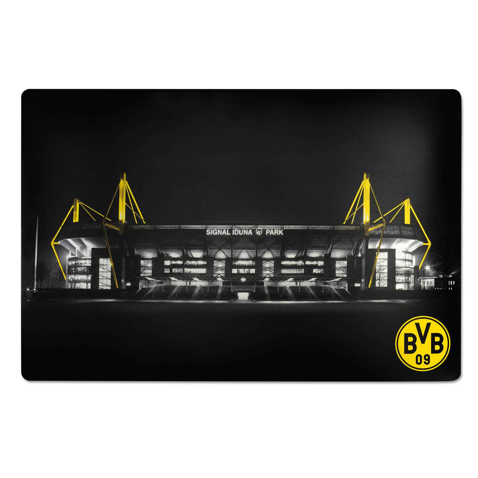 BVB-Schreibtischunterlage mit schwarzgelber Abbildung des SIGNAL IDUNA PARK bei Nacht und BVB-Emblem in der rechten unteren Ecke, Frontansicht.