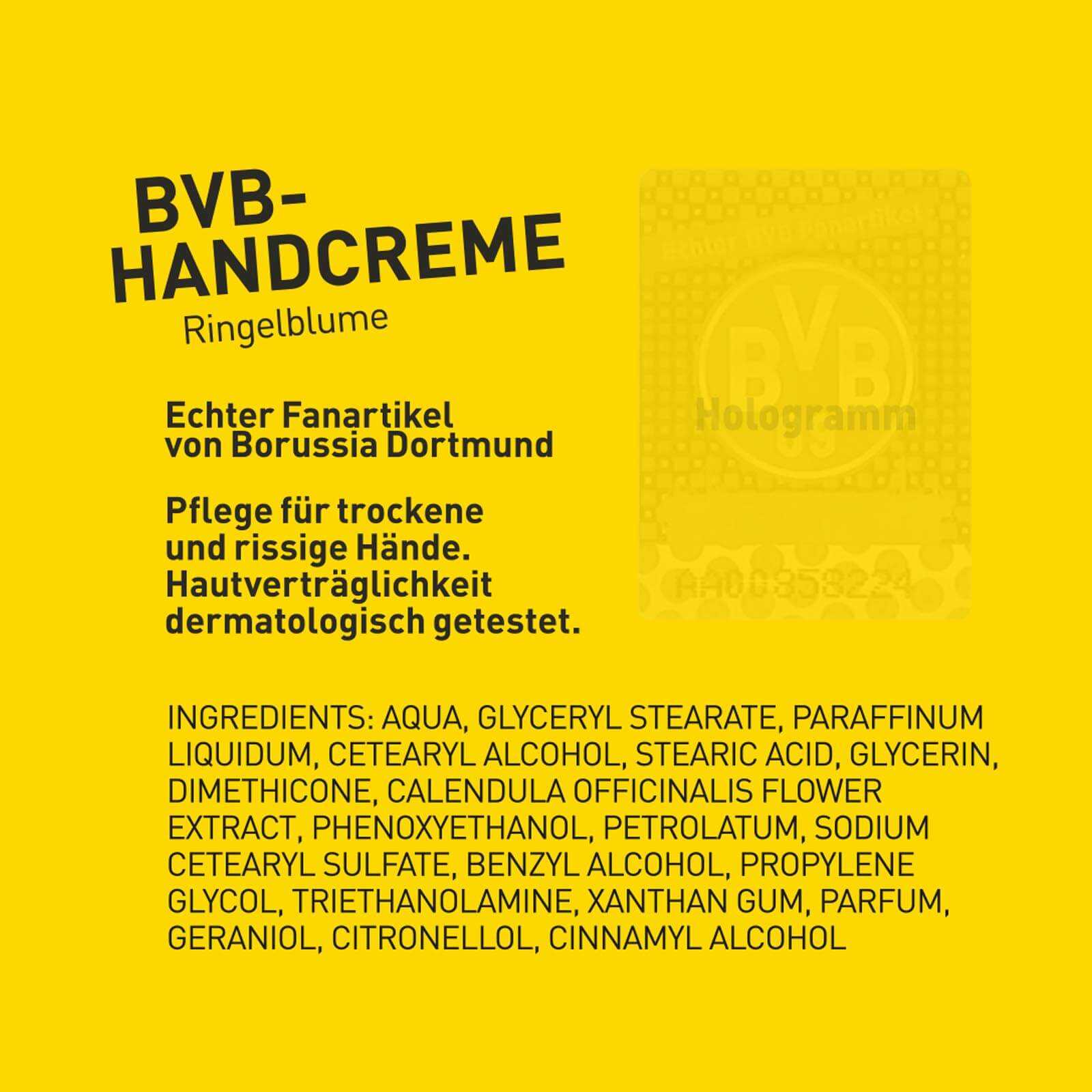 Frontansicht der BVB-Handcreme mit Ringelblume auf gelbem Hintergrund, schwarzem BVB-Schriftzug und sichtbarem BVB-Emblem als Hologramm.