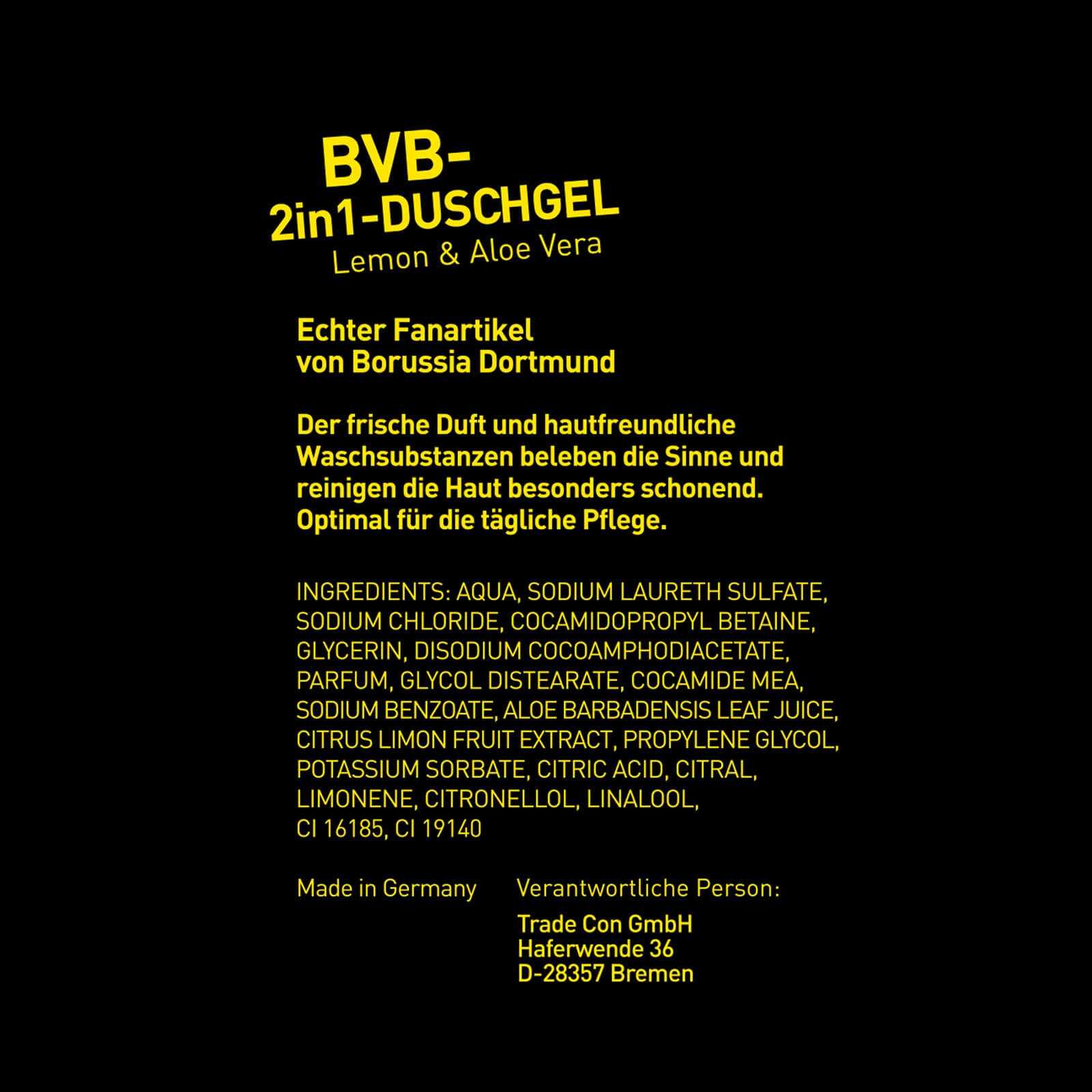 BVB-2in1-Duschgel Lemon & Aloe Vera, schwarzgelbe Vorderansicht mit Produktbeschreibung und Inhaltsstoffen; Borussia Dortmund Fanartikel.
