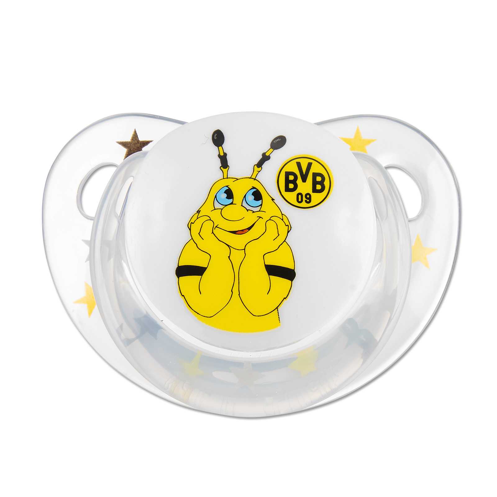 Vorderansicht des BVB-Schnullersets NUK mit gelber EMMA, BVB-Emblem und gelben Sternen auf durchsichtigem Schnuller.