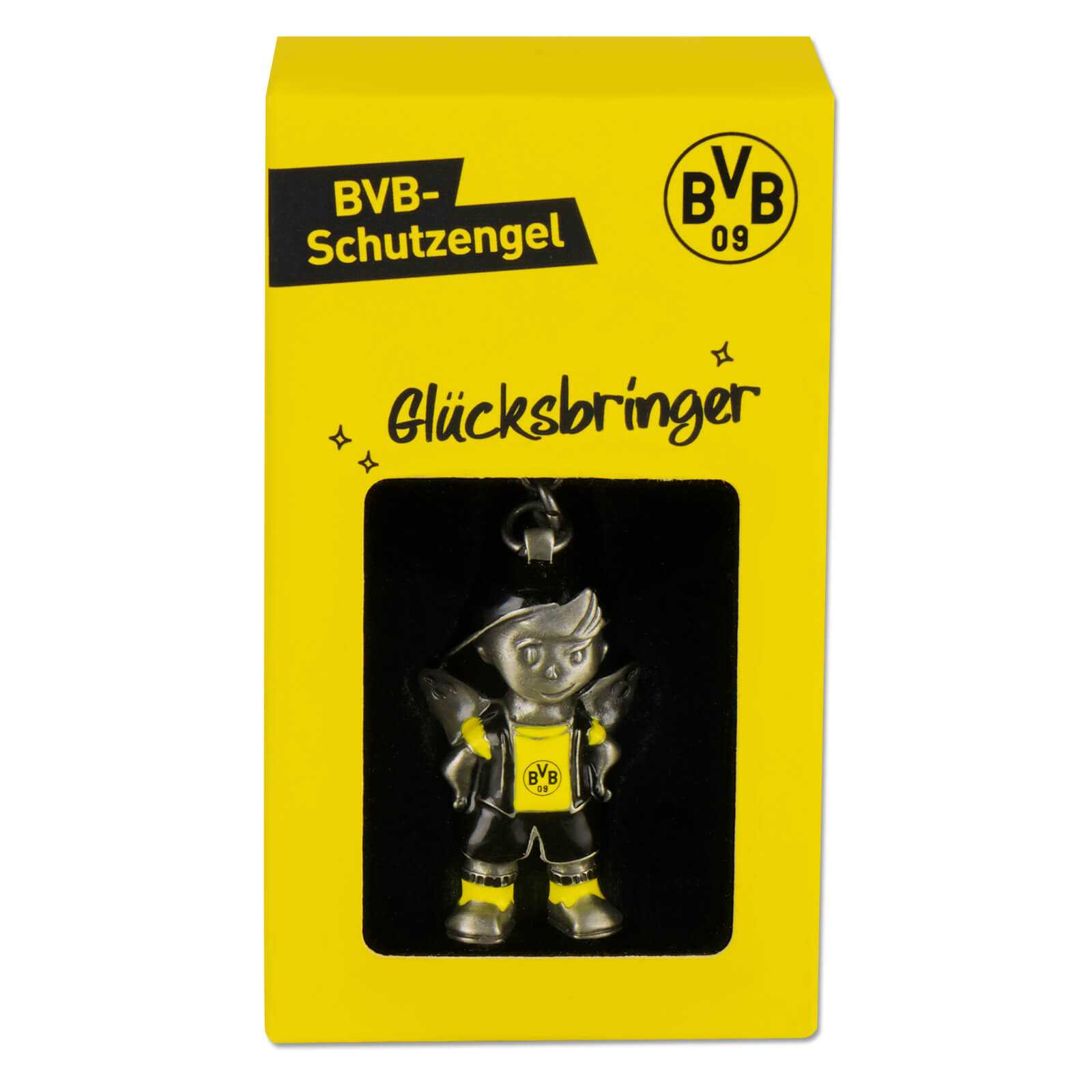 Vorderansicht des BVB-Schutzengel 'Glücksbringer' als kleiner Schlüsselanhänger in schwarzgelb mit BVB-Emblem, präsentiert in gelber Verpackung.