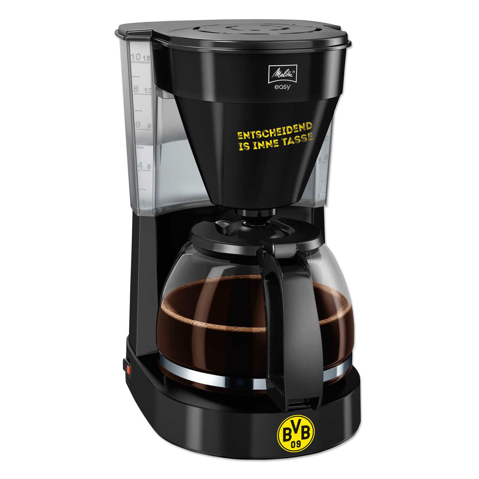 Frontansicht der schwarzgelben BVB-Kaffeemaschine von Melitta mit BVB-Emblem und gelbem Schriftzug „Entscheidend is inne Tasse“ auf dem Filter.