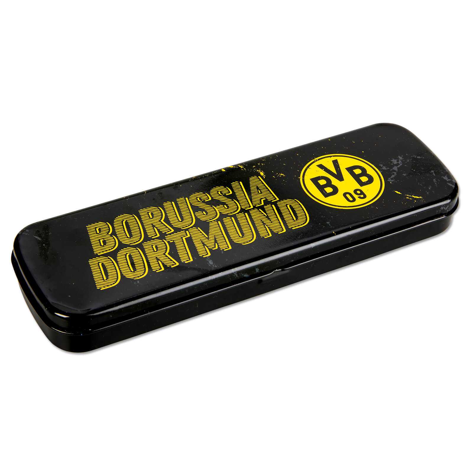 Schwarze Metallbox mit Borussia Dortmund Schriftzug und BVB-Logo von oben in schräger Lage.