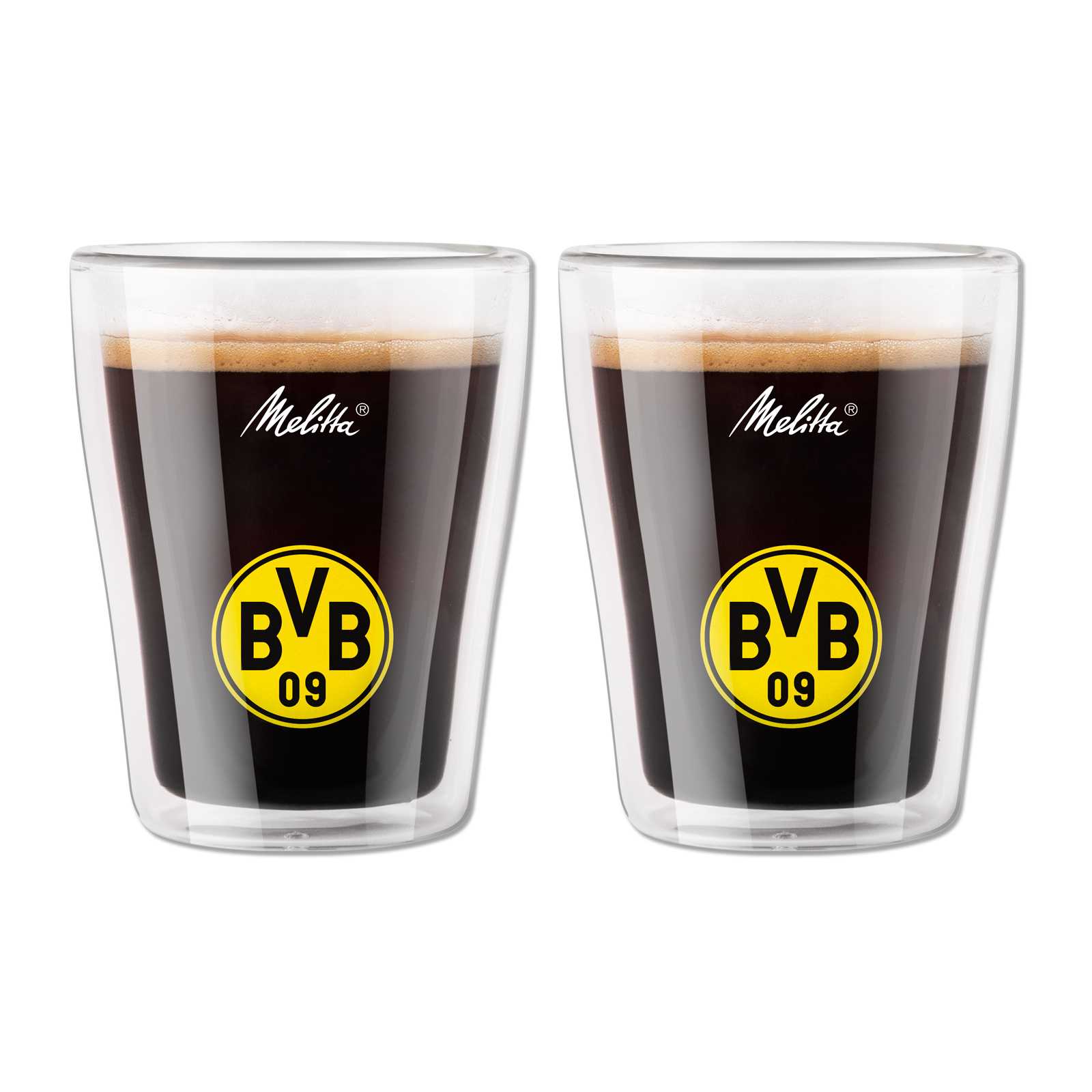 Vorderansicht der BVB-Kaffee-Gläser doppelwandig (2er-Set) von Melitta mit schwarzgelbem BVB-Emblem auf jedem Glas.
