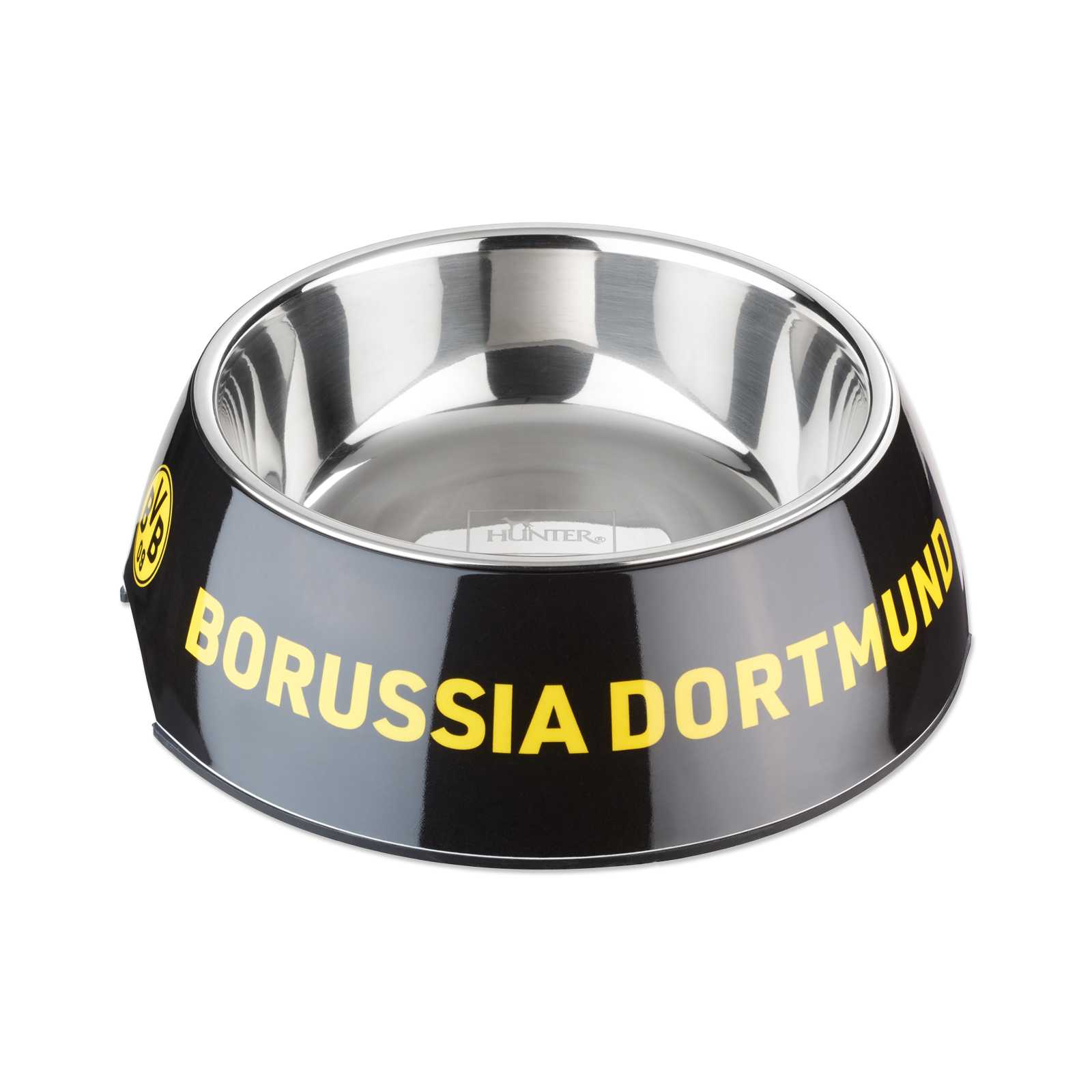 Der BVB Hundefressnapf aus Metall mit schwarzem Streifen außen und Borussia Dortmund-Schriftzug
