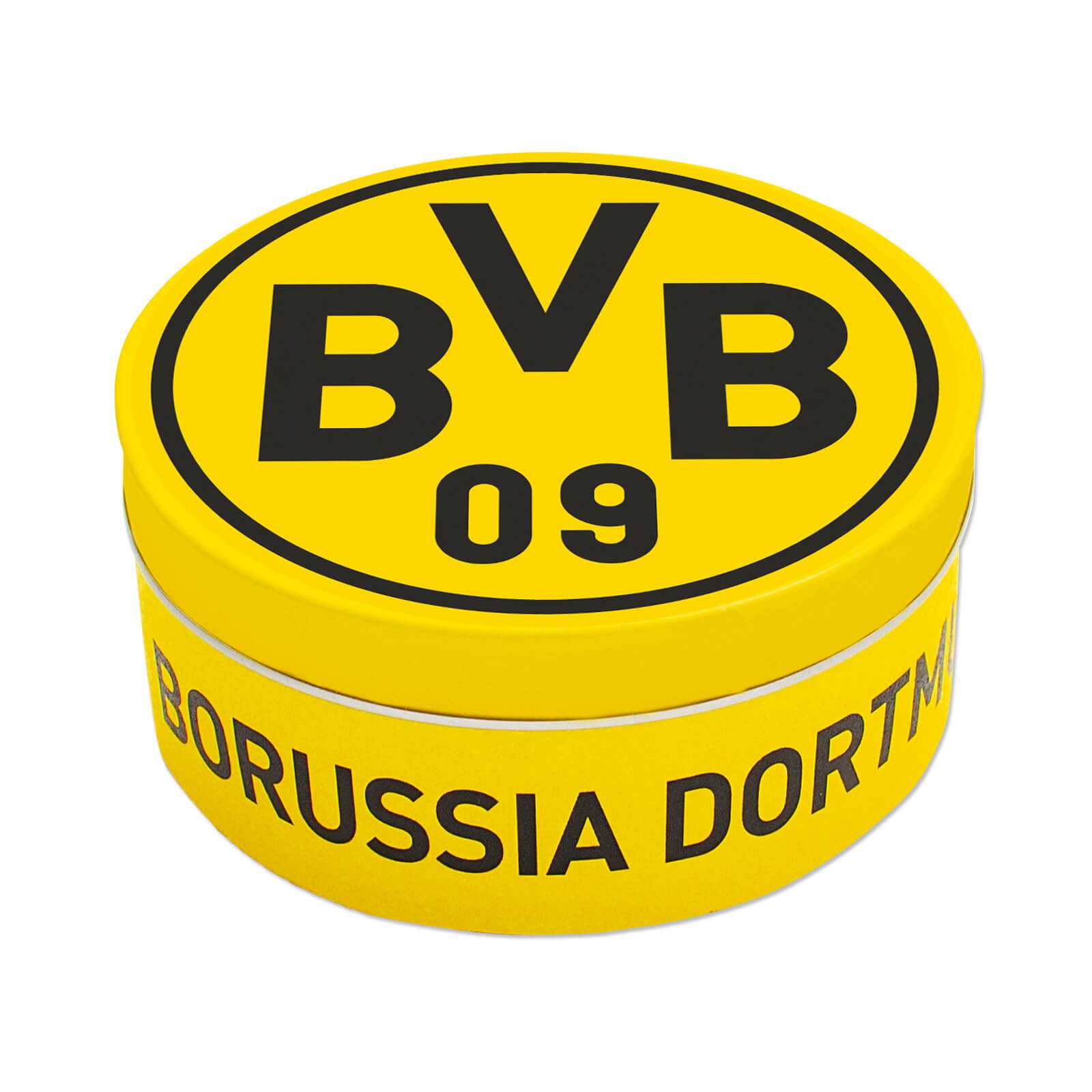 Vorderansicht der gelben Dose BVB-Bonbons Zitrone/Cola (200 g) mit großem schwarzgelbem BVB-Emblem auf dem Deckel und "Borussia Dortmund"-Schriftzug.
