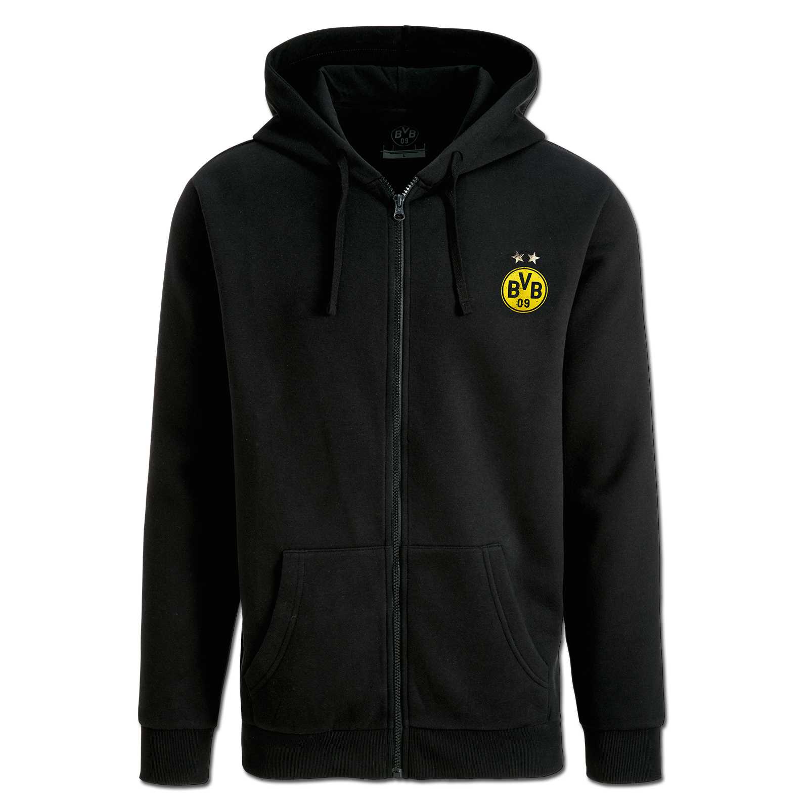 Vorderansicht der BVB-Kapuzensweatjacke mit Logo in schwarz, gelbem BVB-Emblem auf der Brust und durchgehendem Reißverschluss.