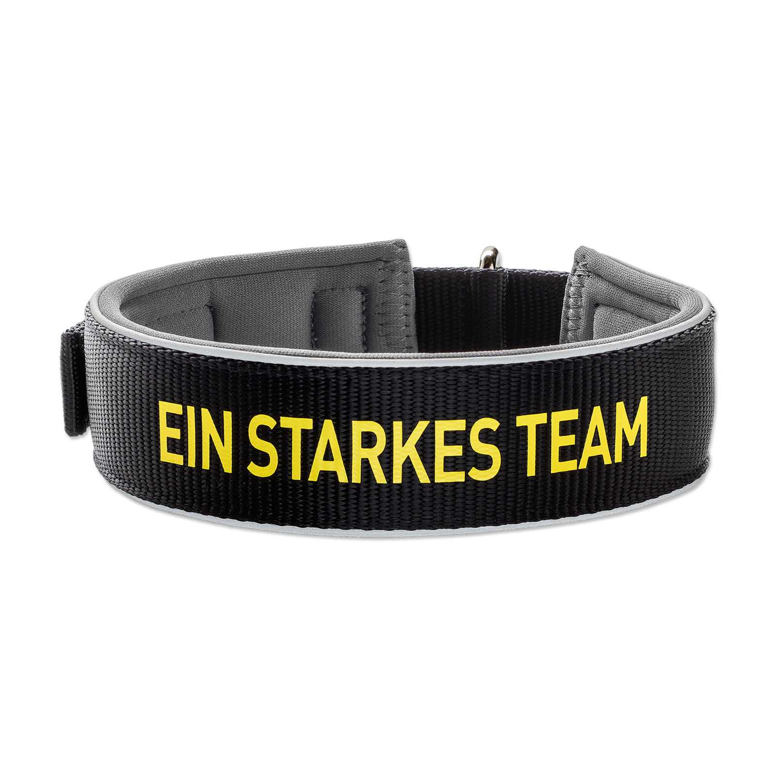 Frontansicht des BVB-Hunde-Halsbands Neopren mit Reflektor M-L in schwarzgelb mit der Aufschrift „EIN STARKES TEAM” und reflektierenden Details.