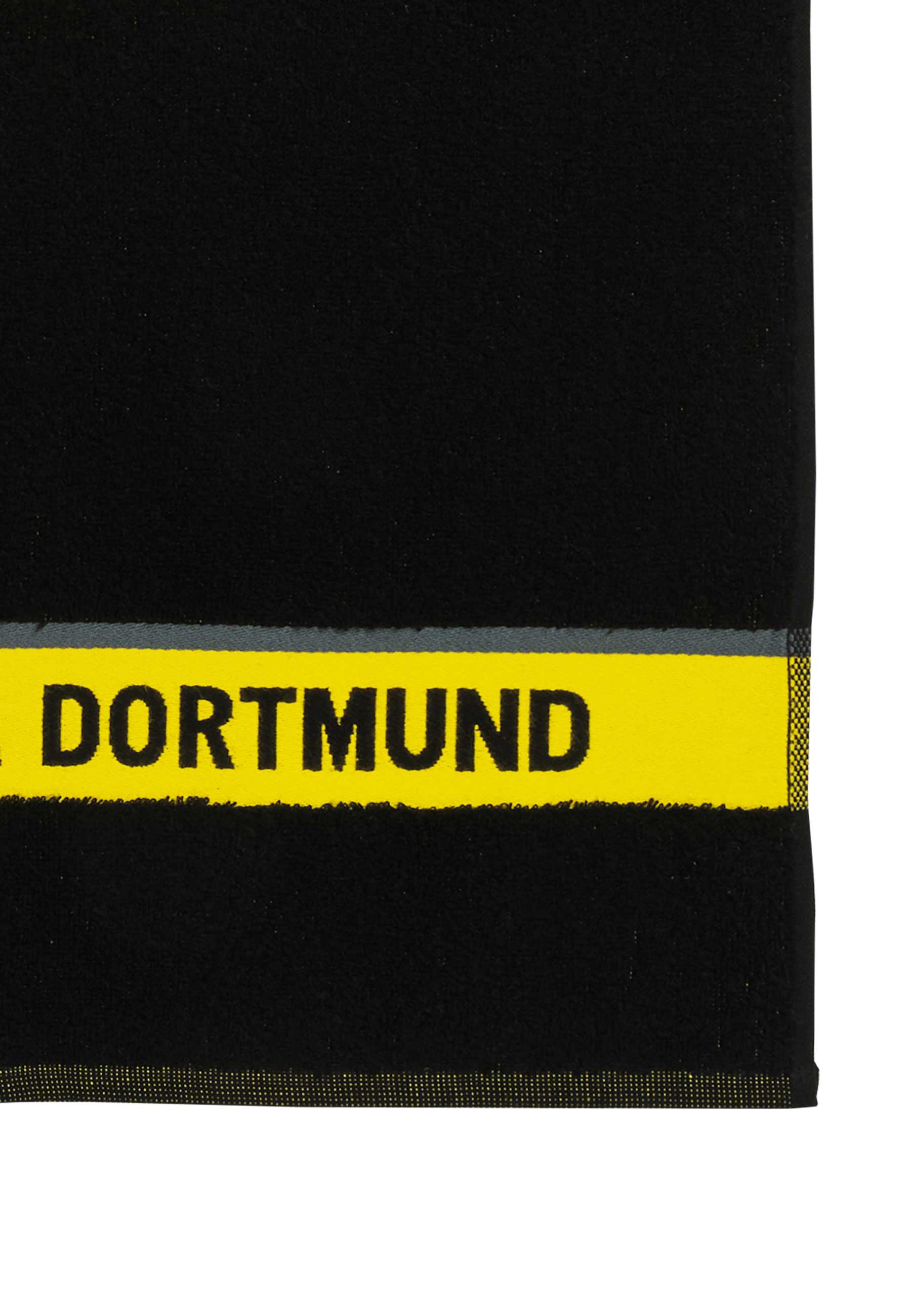 Detailansicht des schwarzgelben BVB-Duschtuchs Emblem 70x140 cm mit gelbem Streifen und schwarzem "DORTMUND"-Schriftzug.