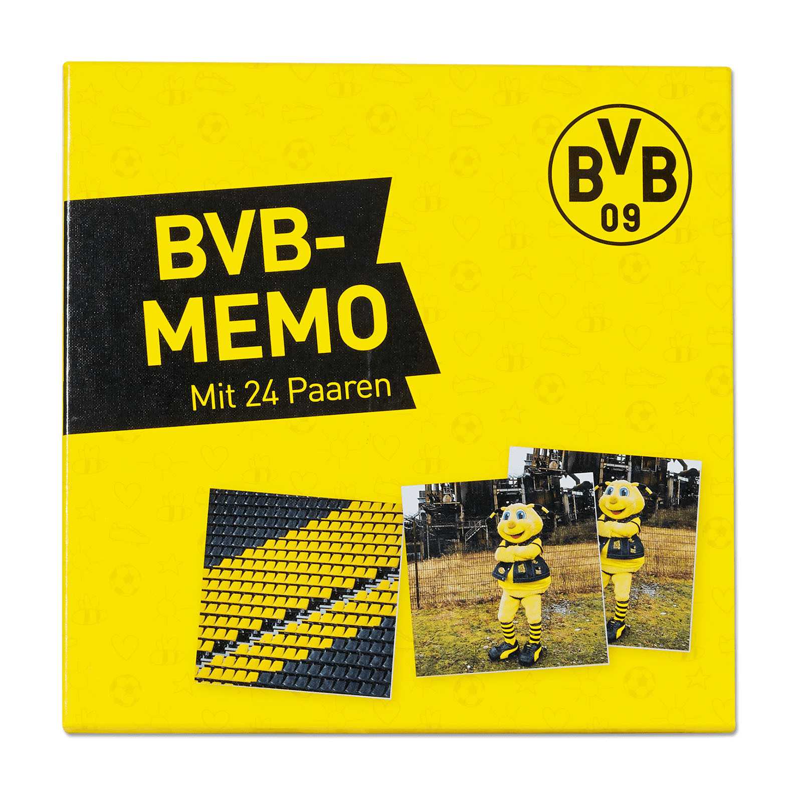 Vorderansicht der BVB-Memo 48tlg.-Spielverpackung in schwarzgelb mit großem BVB-Emblem und Bildern von EMMA sowie weiteren Spielkartenmotiven.
