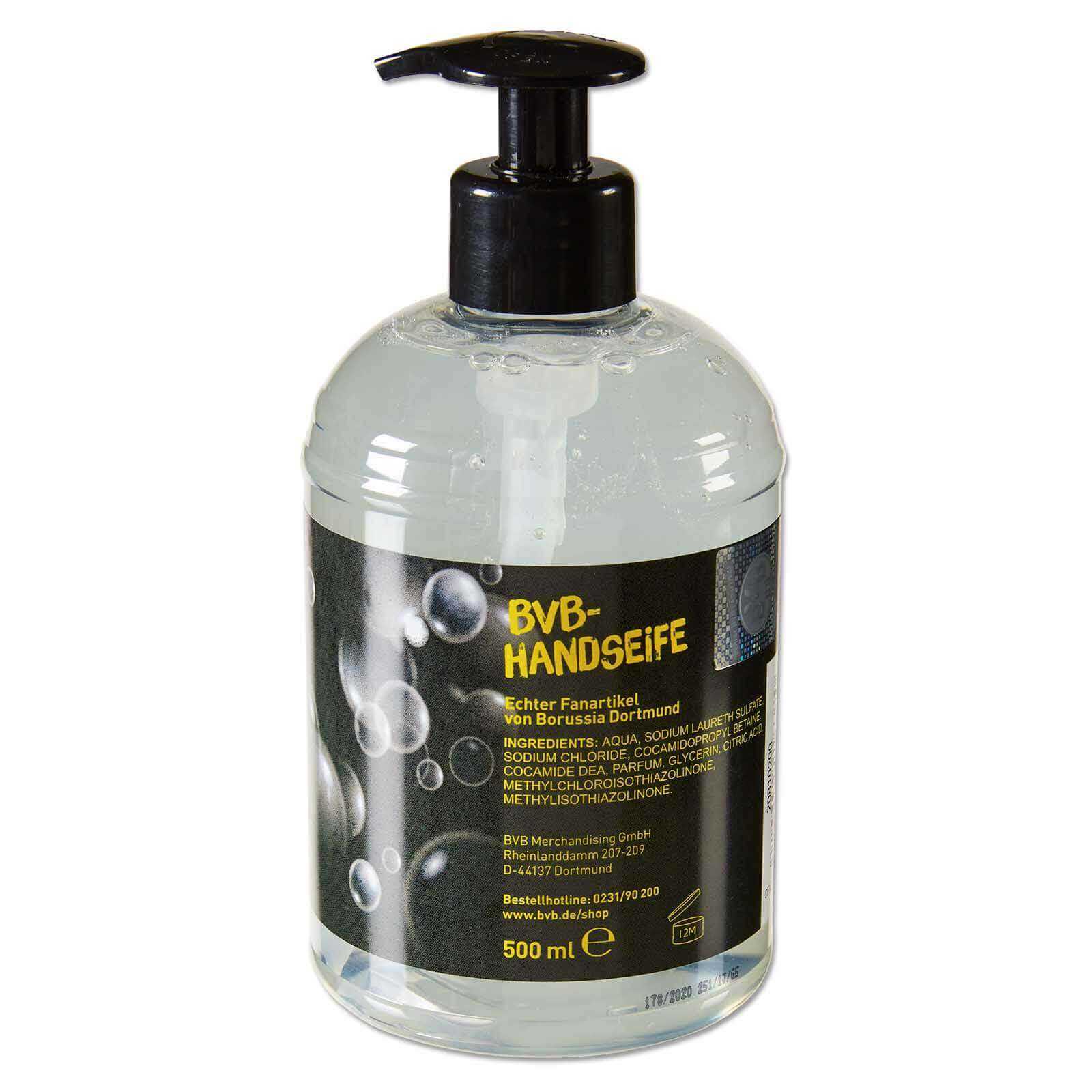 Vorderansicht der BVB-Handseife in einer transparenten Pumpflasche mit schwarzgelbem Etikett und Borussia Dortmund-Aufschrift.