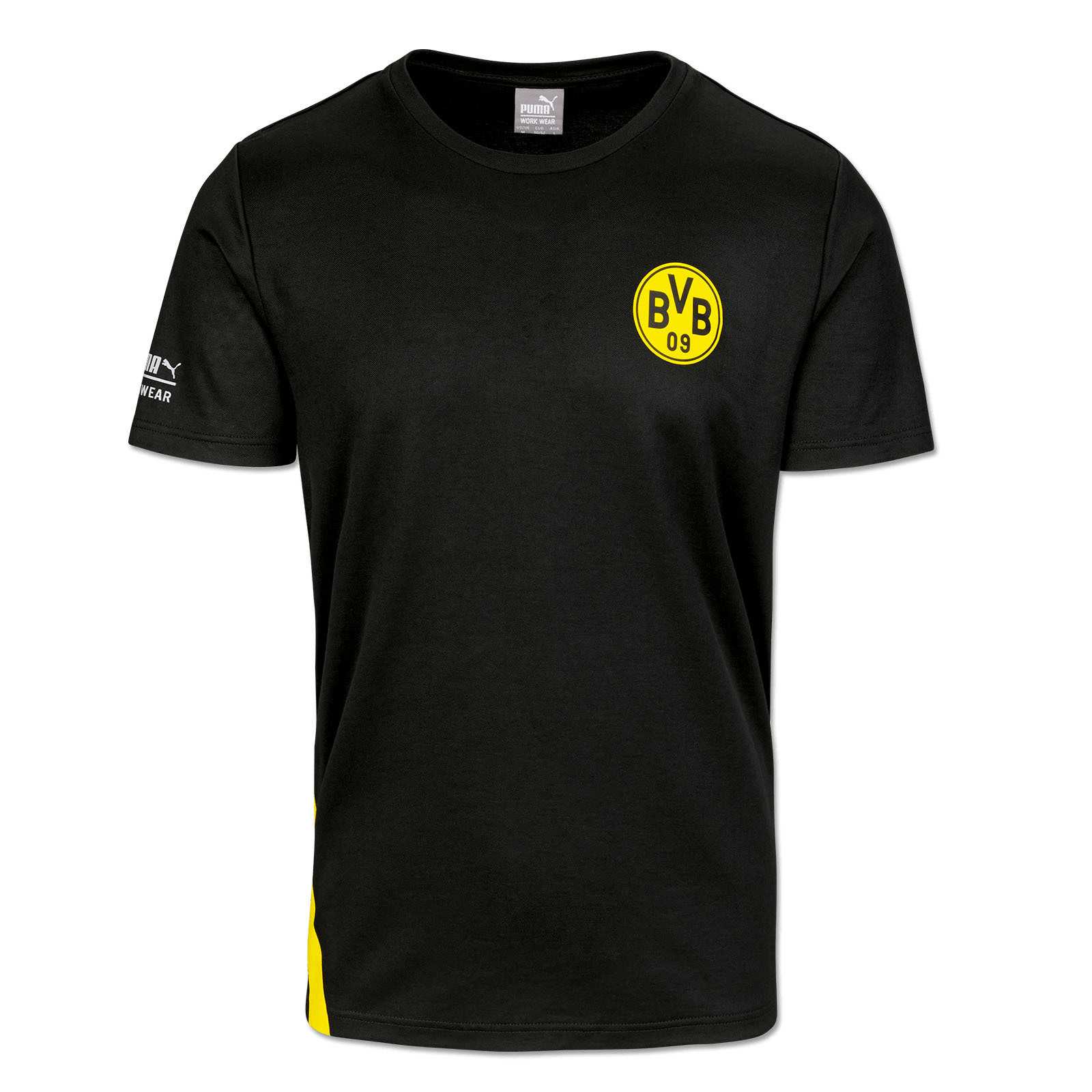 Vorderansicht des schwarzgelben BVB-Arbeits-T-Shirts in Schwarz mit gelbem BVB-Emblem auf der Brust und weißem Puma-Logo auf dem Ärmel.