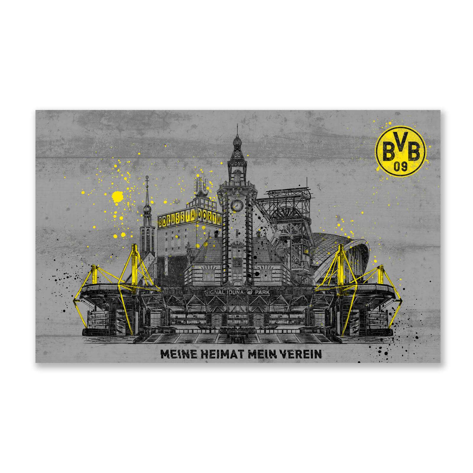 BVB-Kunstdruck Skyline 80x50 cm in schwarzgelber Optik, zeigt Wahrzeichen von Dortmund und SIGNAL IDUNA PARK, oben rechts das BVB-Emblem.