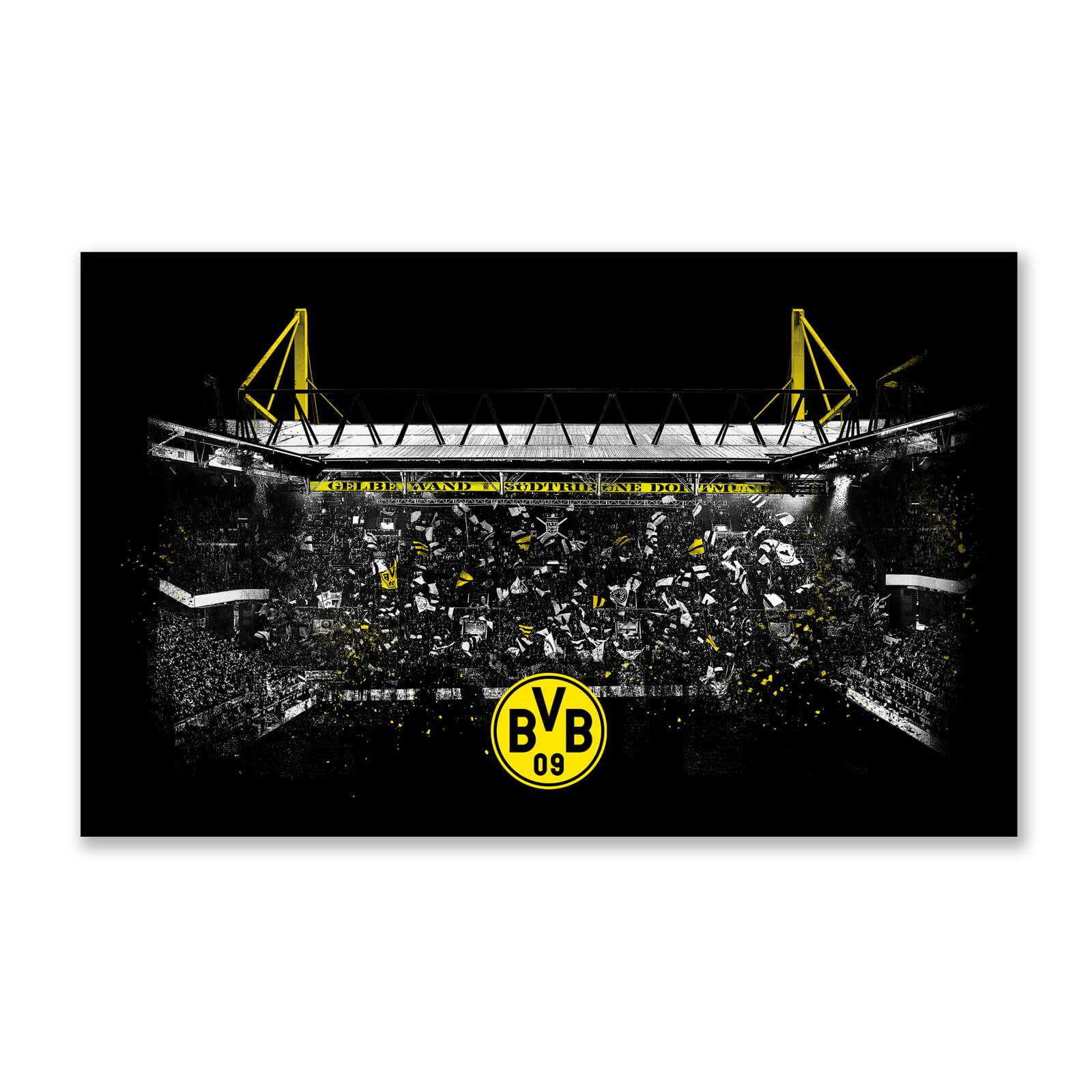 BVB-Kunstdruck Südtribüne 80x50 cm zeigt die stimmungsvolle schwarzgelbe Südtribüne im SIGNAL IDUNA PARK mit großem BVB-Emblem im Vordergrund.