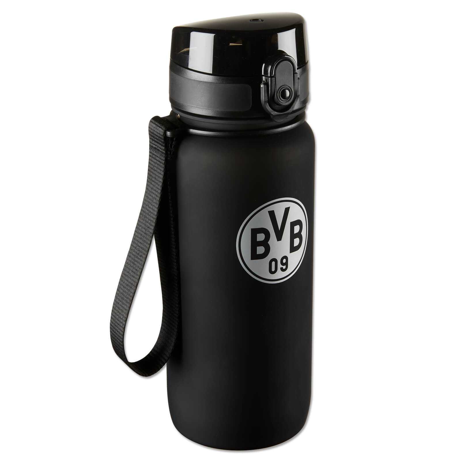 Vorderansicht der schwarzen BVB-Tritan Sport-Trinkflasche 650ml mit Trageschlaufe und prominentem BVB-Emblem auf der Flasche.