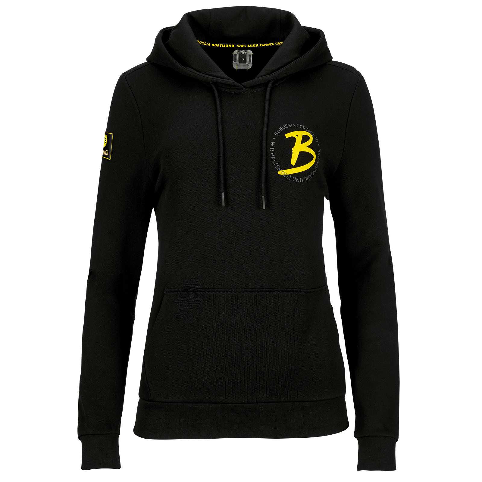 Vorderansicht des schwarzgelben BVB-Hoodie Mitglieder für Frauen mit gelbem "B" und BVB-Emblem auf der Brust sowie BVB-Patch am linken Ärmel.