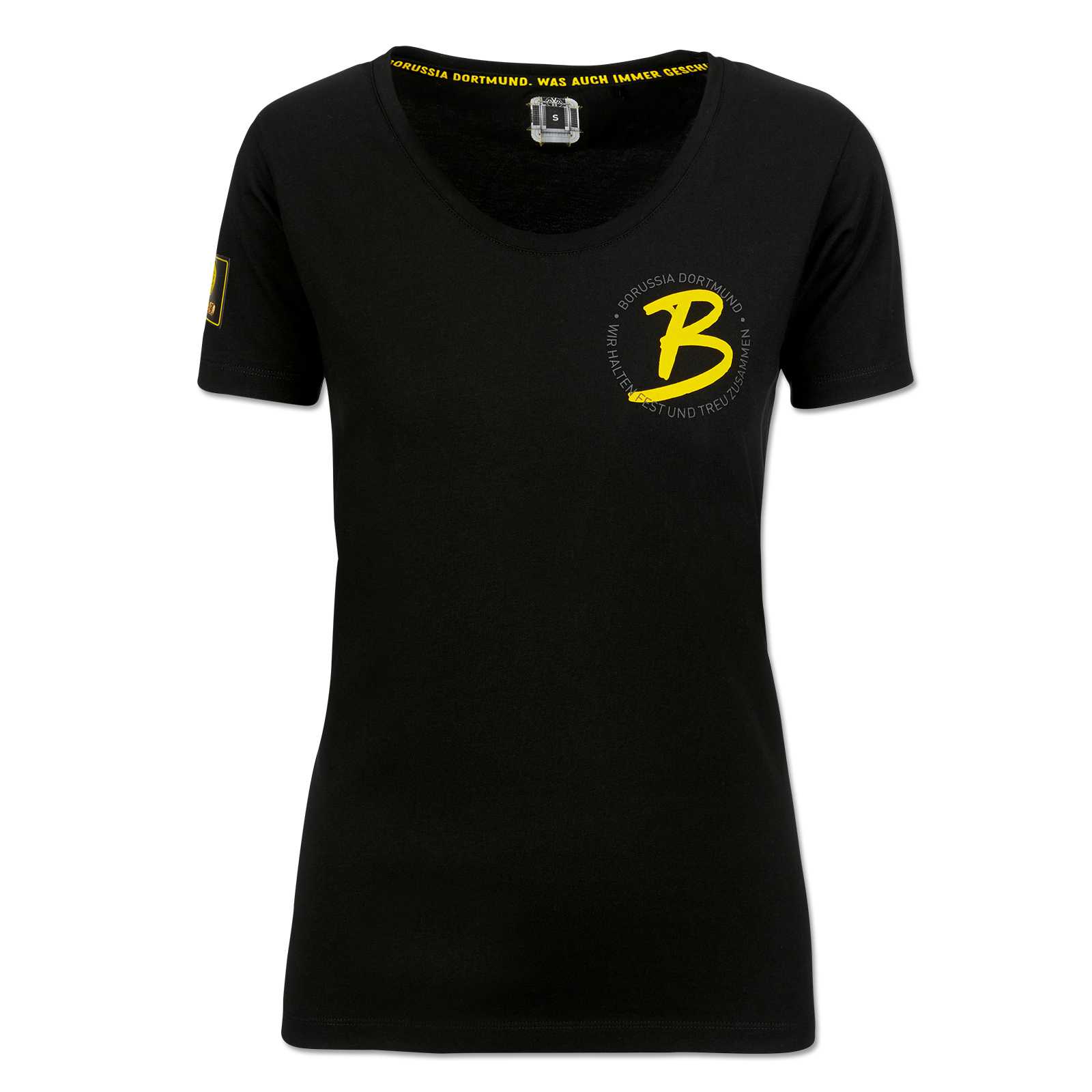Vorderansicht des schwarzgelben BVB-T-Shirts Mitglieder für Frauen mit gelbem „B“ und Borussia Dortmund-Schriftzug auf der Brust sowie BVB-Emblem am Ärmel.