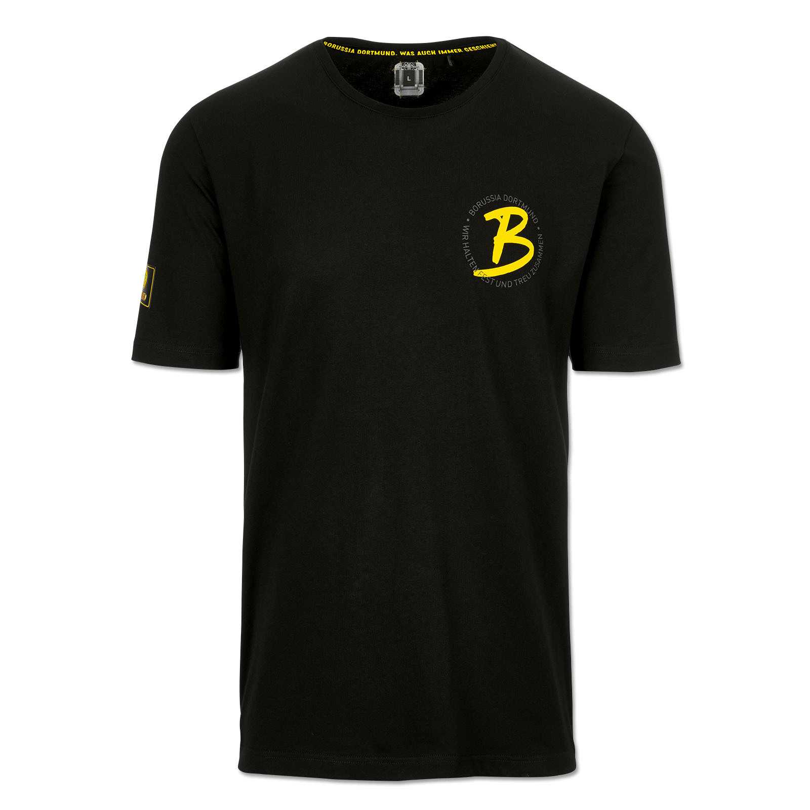 Vorderansicht des schwarzgelben BVB-T-Shirt Mitglieder für Herren mit gelbem "B" auf der Brust und kleinem BVB-Emblem am Ärmel.