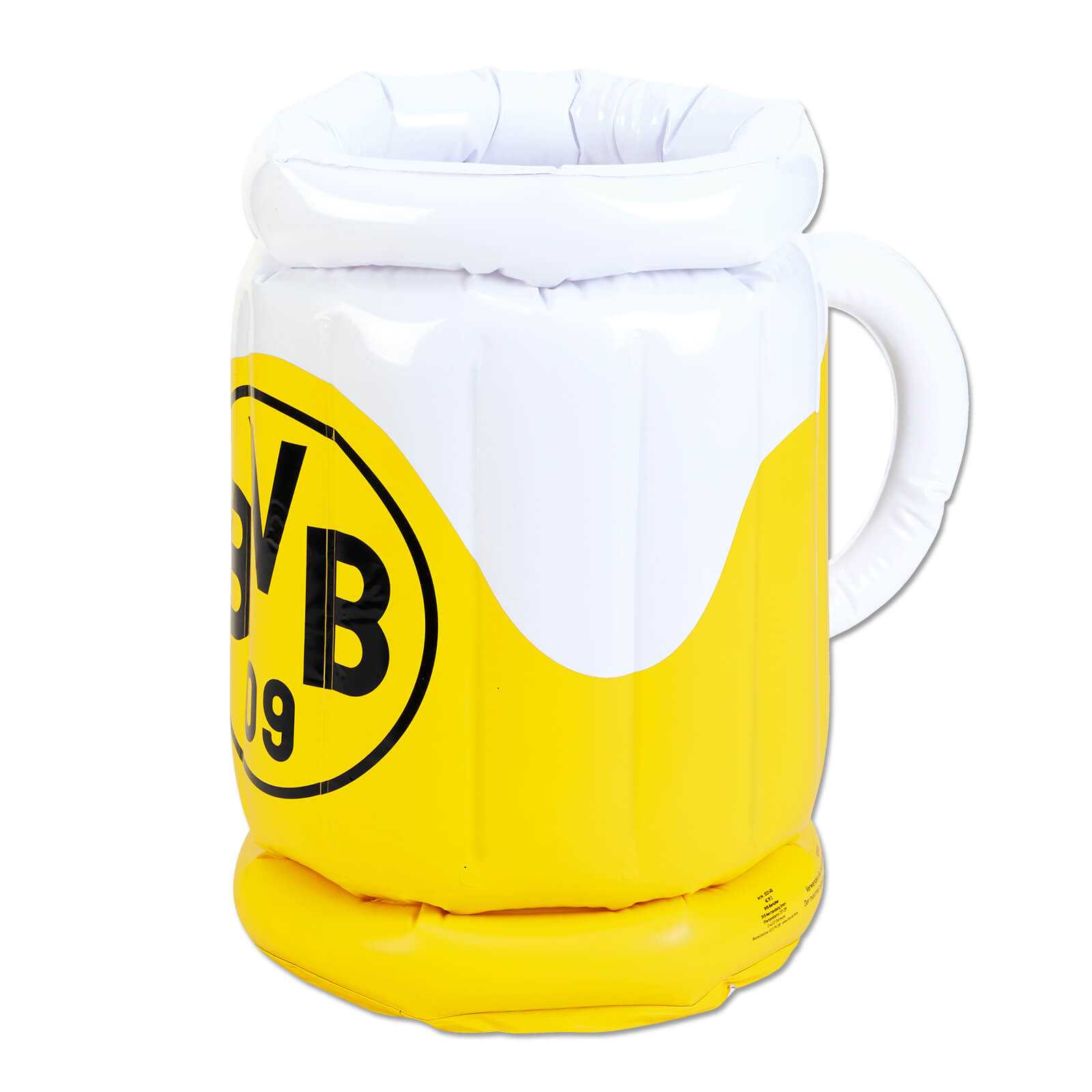 Frontalansicht des BVB-Bierkühlers in Gelb mit weißer Schaumoptik, großem BVB-Emblem und Henkel im Stil eines Bierkrugs.