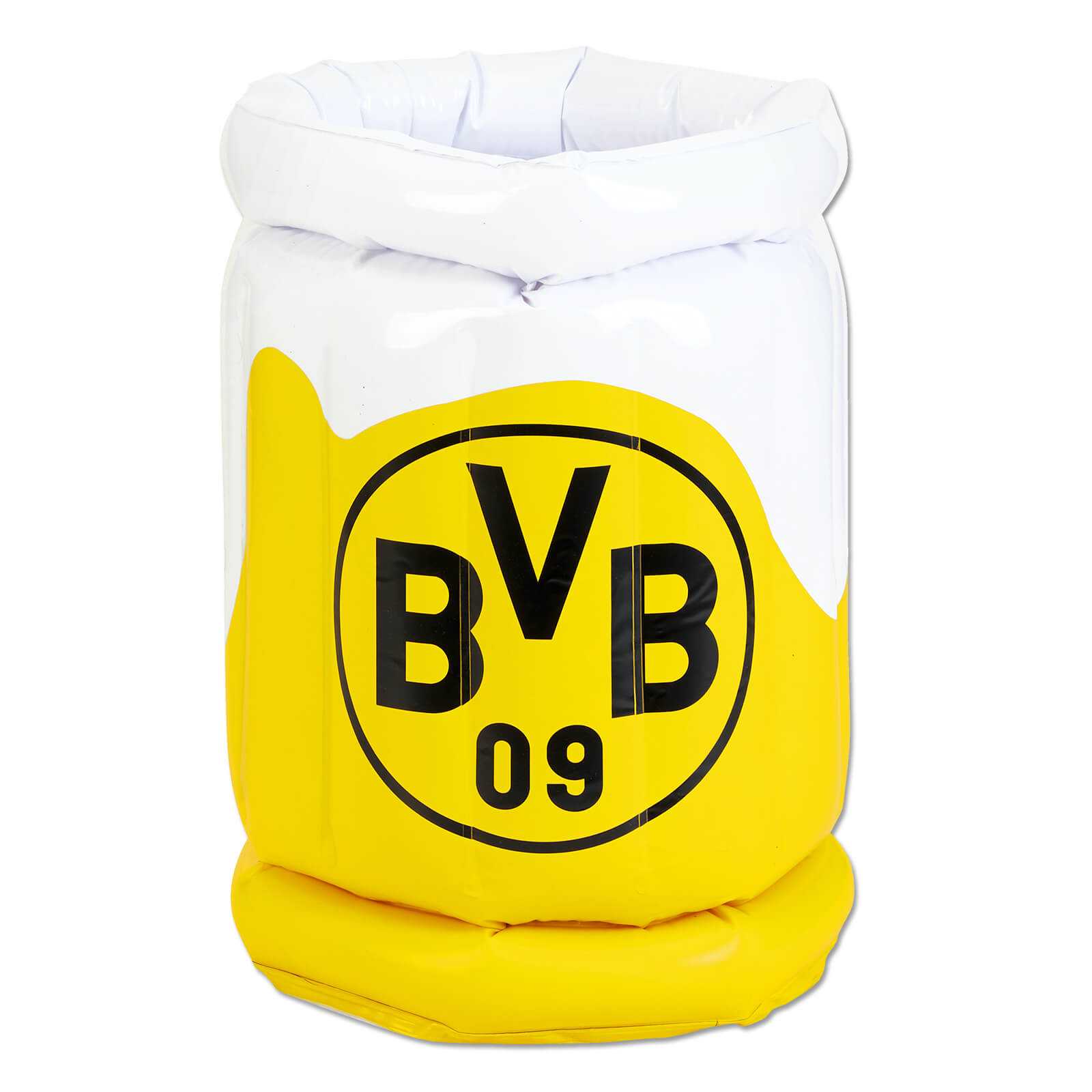 Vorderansicht des aufblasbaren BVB-Bierkühlers in schwarzgelb mit großem BVB-Emblem und weißem Rand, gestaltet wie ein Bierglas.
