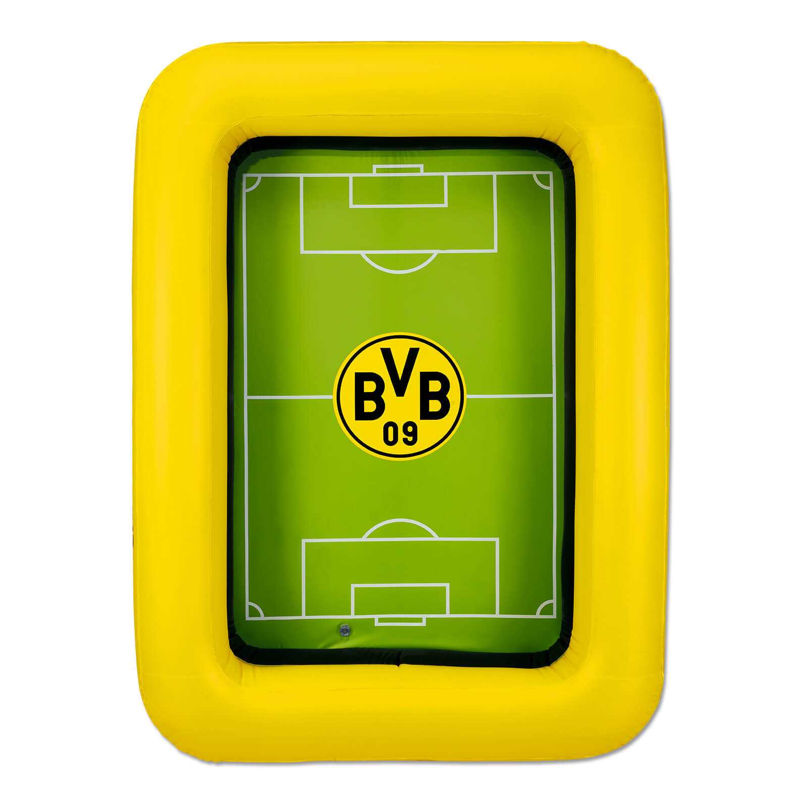 Draufsicht auf den BVB-Pool mit gelbem Rand und grünem Spielfeld-Design, mittig das BVB-Emblem in schwarzgelb.