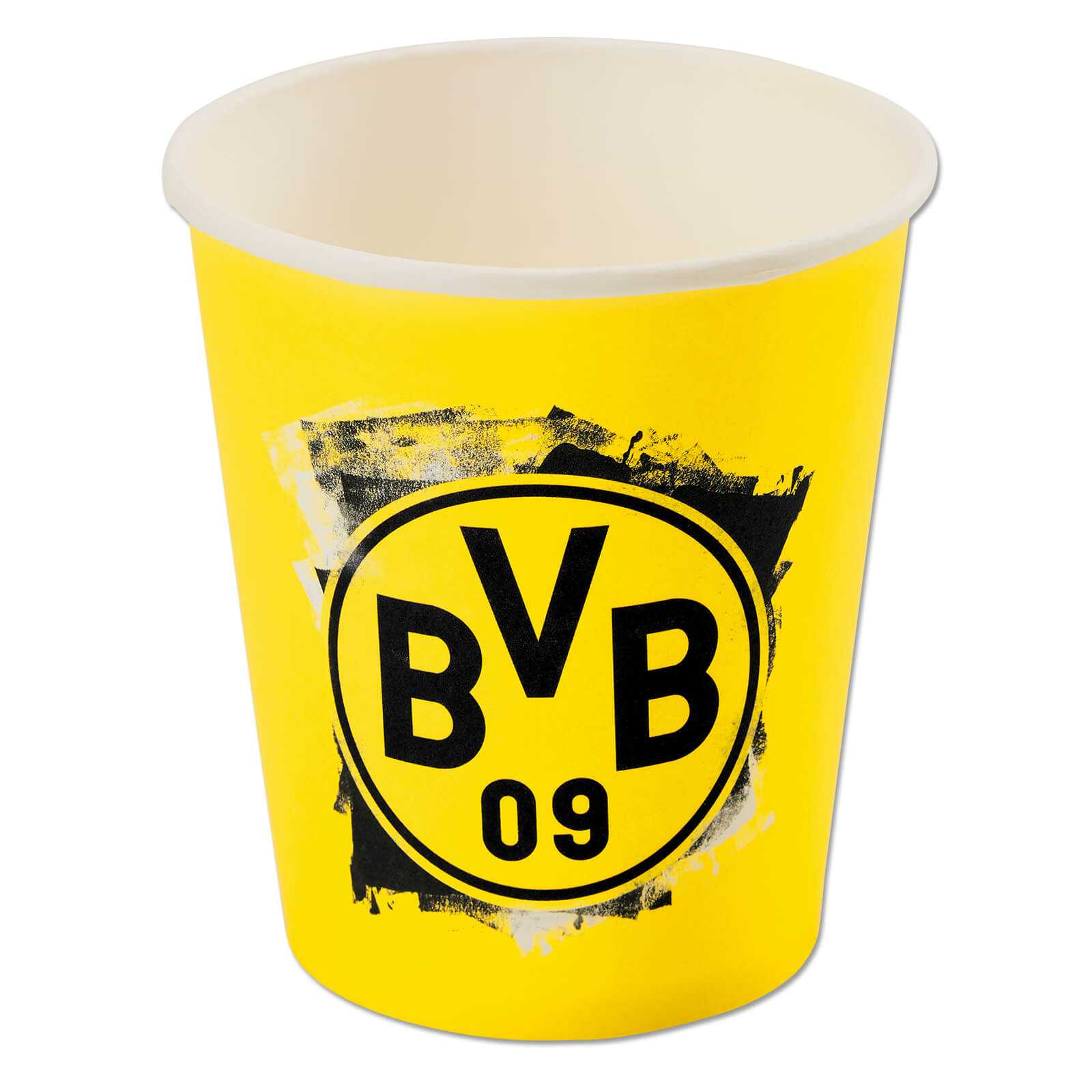 Vorderansicht eines gelben BVB-Partybechers (8 Stück) mit großem schwarzgelbem BVB-Emblem und abstraktem Hintergrunddesign.