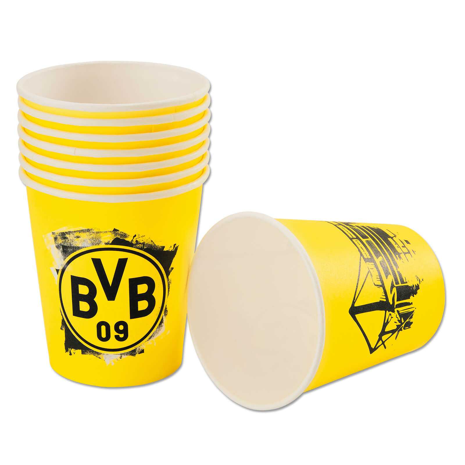 Vorderansicht der BVB-Partybecher (8 Stück) in gelb mit schwarzgelbem BVB-Emblem und SIGNAL IDUNA PARK Design, ein Becher liegt seitlich.