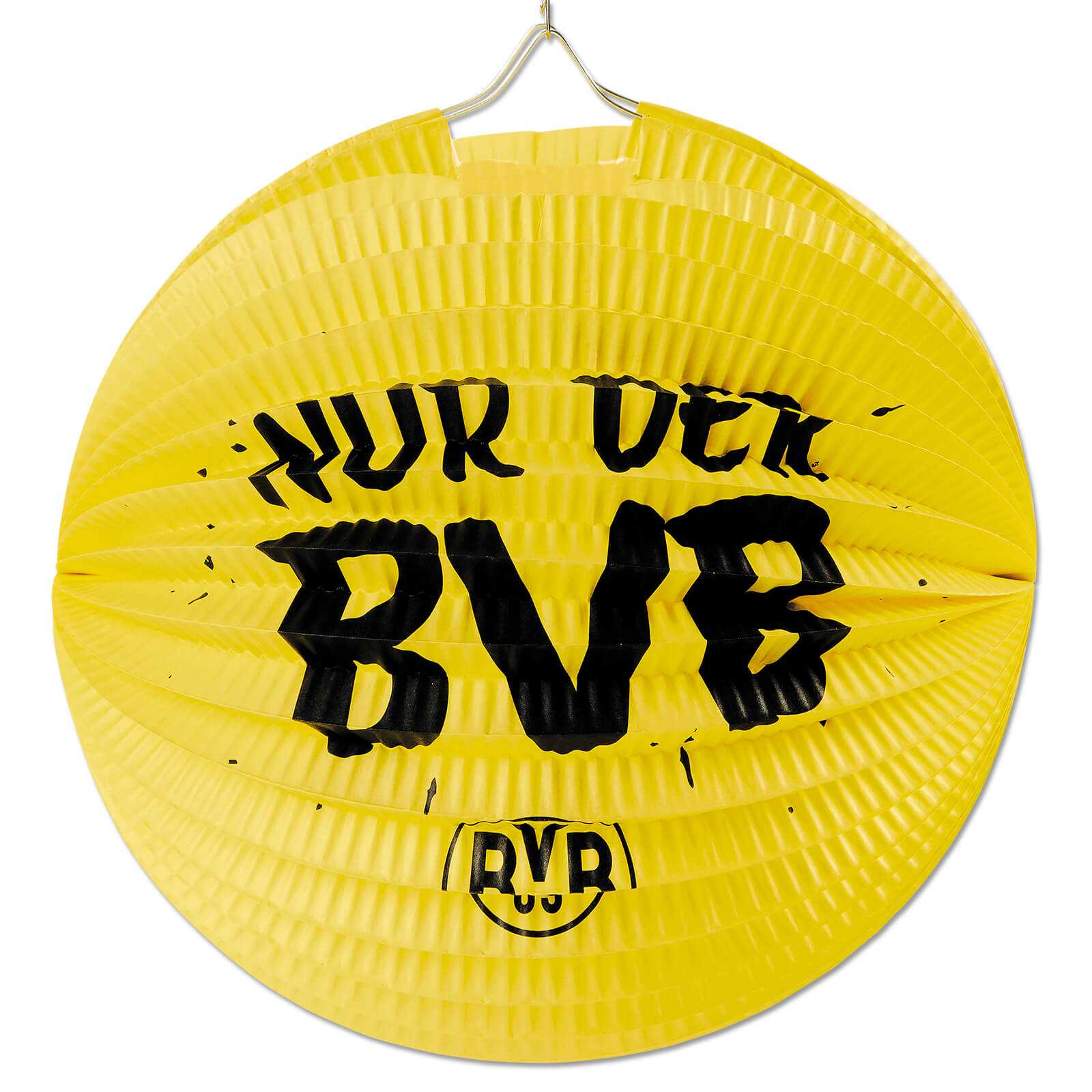 Vorderansicht des gelben BVB-Lampions mit schwarzem Schriftzug "Nur der BVB" und BVB-Emblem unten. Runde, gefaltete Papierstruktur.
