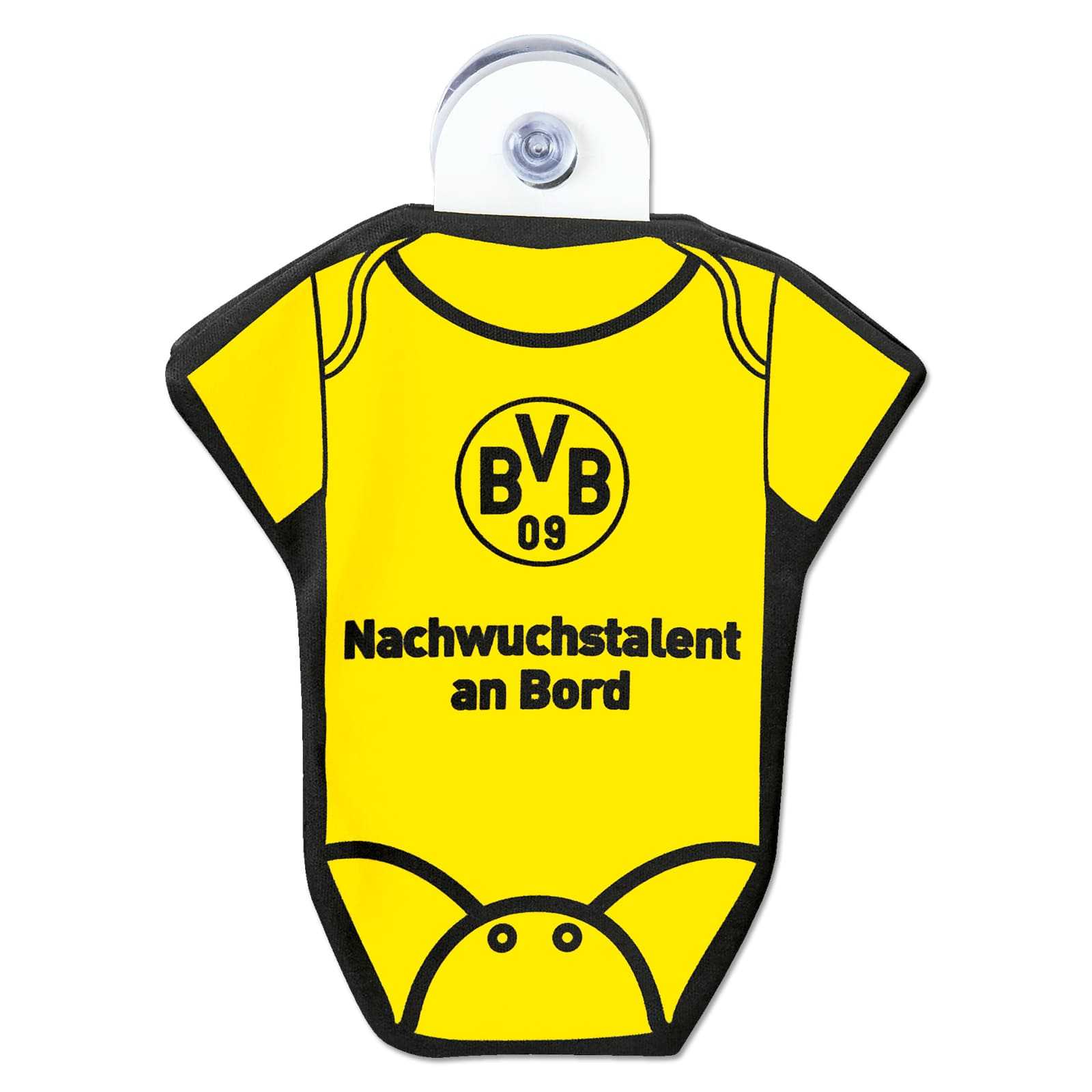 Vorderansicht des BVB-Autoscheiben Hängers in schwarzgelber Babybody-Form mit BVB-Emblem und Aufschrift „Nachwuchstalent an Bord“.