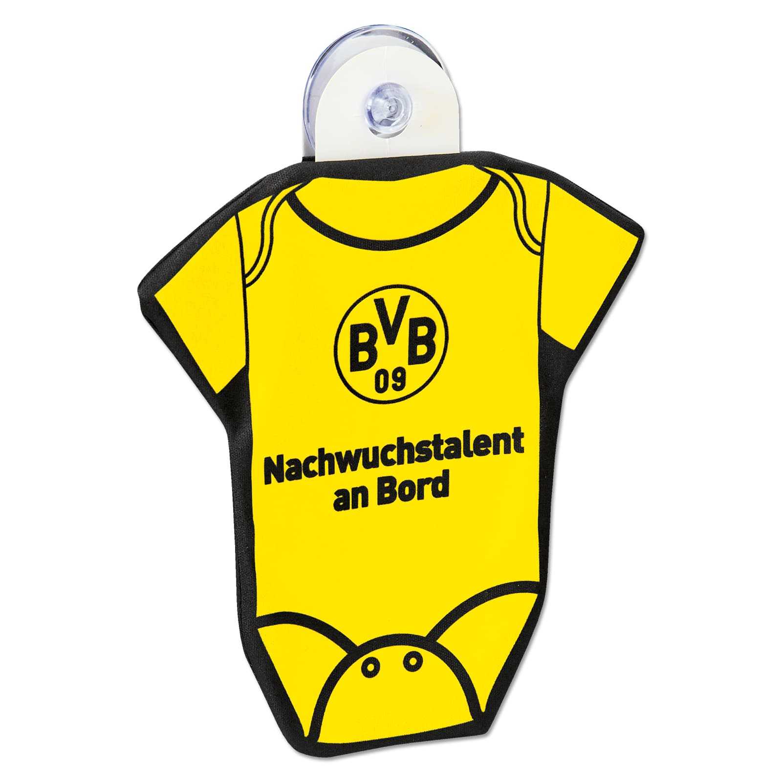 Vorderansicht des BVB-Autoscheiben Hängers in Babybody-Form, schwarzgelb mit BVB-Emblem und Aufschrift „Nachwuchstalent an Bord“.