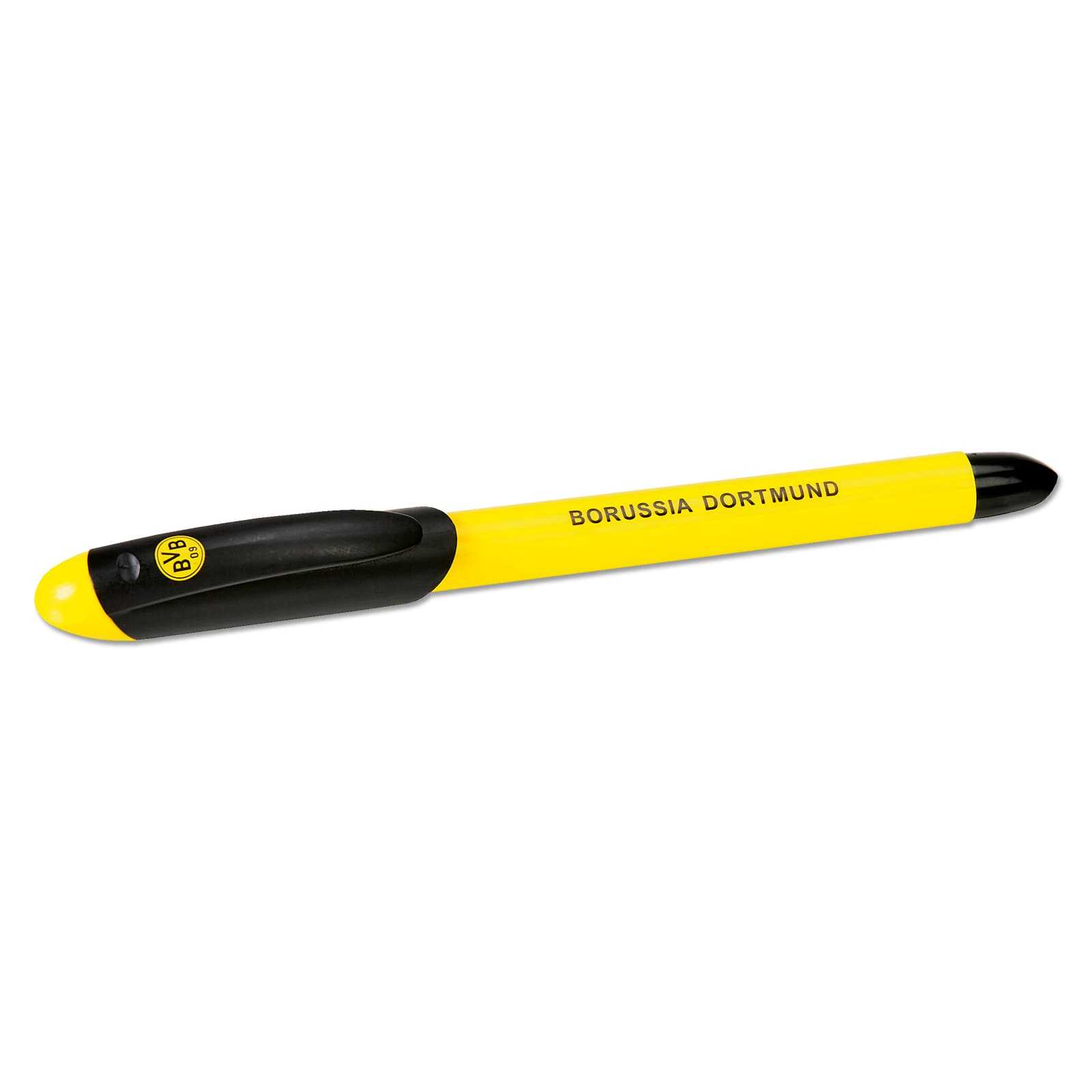 Schwarzgelber BVB Tintenroller in Seitenansicht mit BVB-Emblem auf der Kappe und "BORUSSIA DORTMUND" Schriftzug auf dem Schaft.