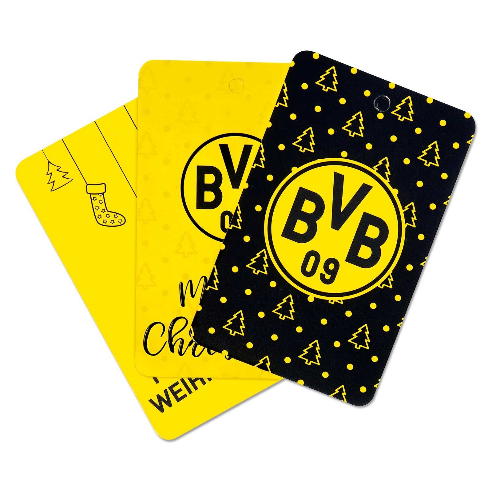 Frontalansicht des BVB Geschenkanhängersets mit drei schwarzgelben Anhängern, weihnachtlichen Motiven und großem BVB-Emblem.
