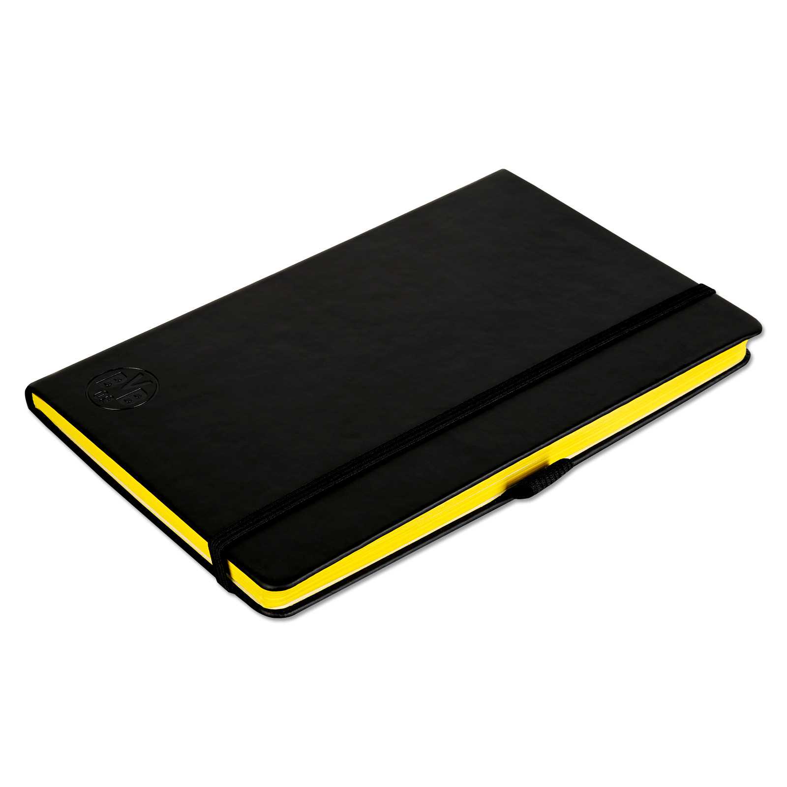 Schrägansicht des BVB Notizbuchs in Schwarz mit schwarzem Gummiband, gelbem Buchschnitt und geprägtem BVB-Emblem auf dem Cover.