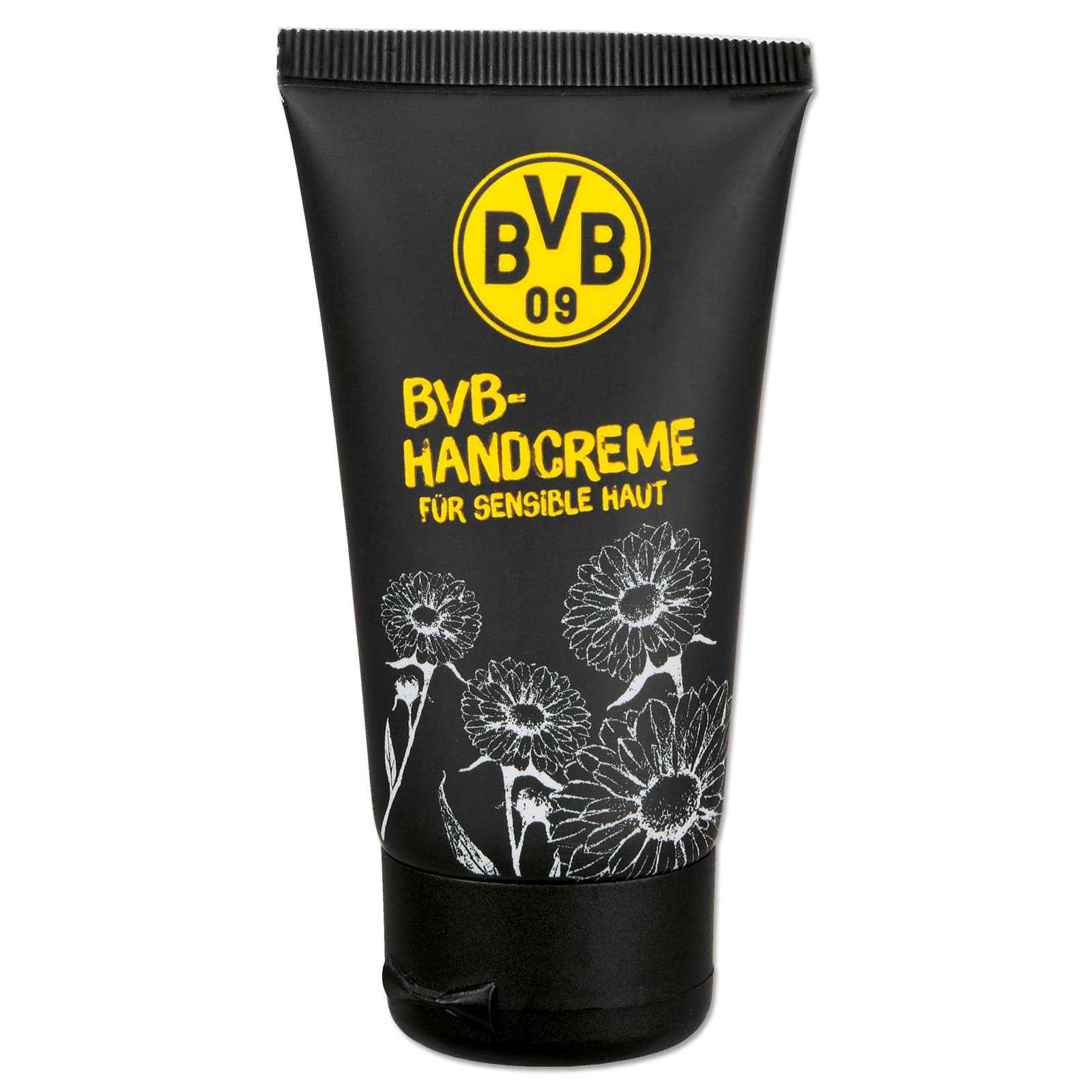 Vorderansicht der schwarzgelben BVB-Handcreme für sensible Haut mit BVB-Emblem und floralen weißen Blumenmotiven auf der Tube.