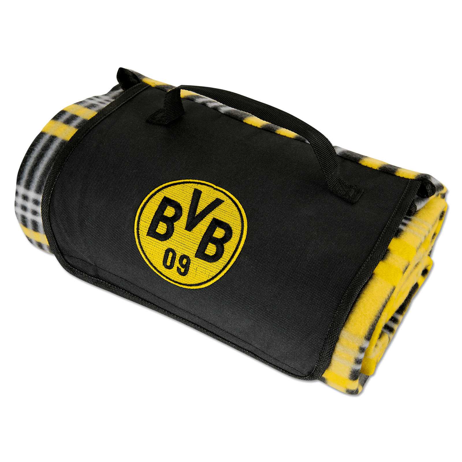 Zusammengefaltete BVB Picknickdecke 130 x 150cm in schwarzgelb mit Tragegriff und großem BVB-Emblem, Vorderansicht.