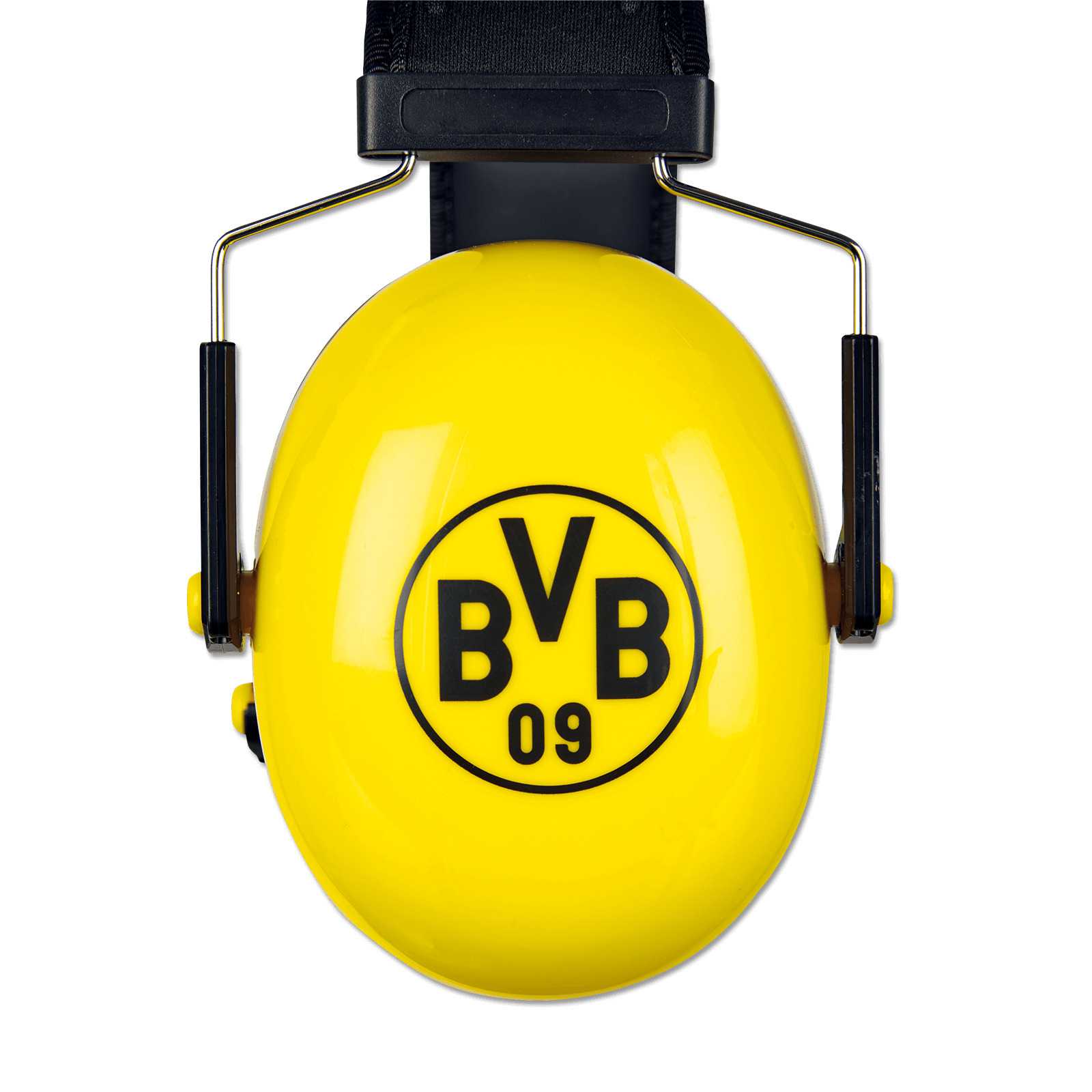 Nahaufnahme des BVB-Kapsel-Gehörschutz K1 in Gelb mit schwarzem BVB-Emblem auf der Ohrmuschel, Frontansicht.