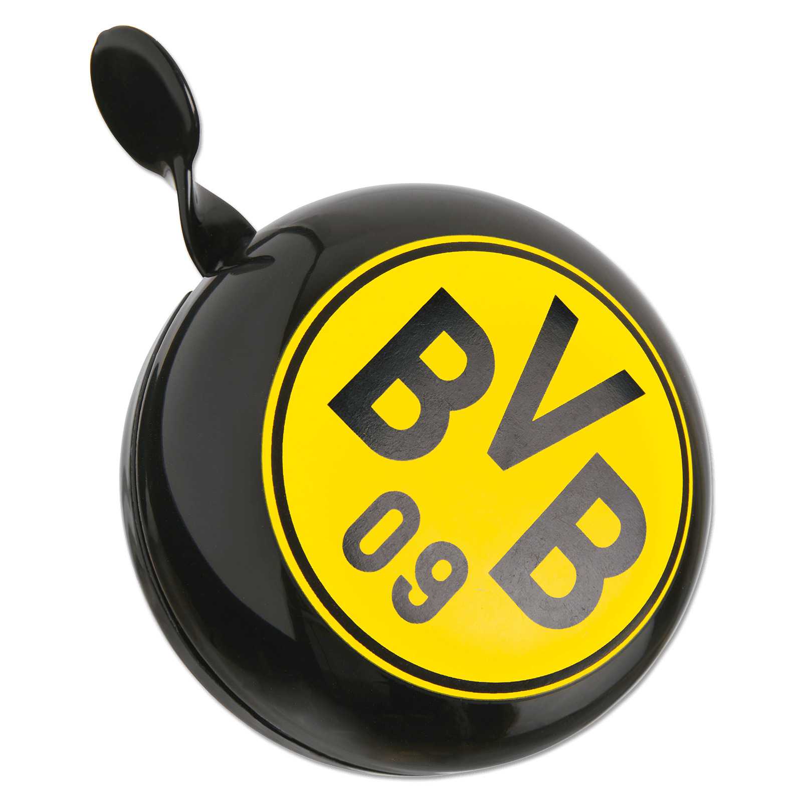 Nahaufnahme der BVB-Fahrradklingel XXL in schwarzgelb mit großem BVB-Emblem auf der Oberseite. Produkt in Detailansicht.