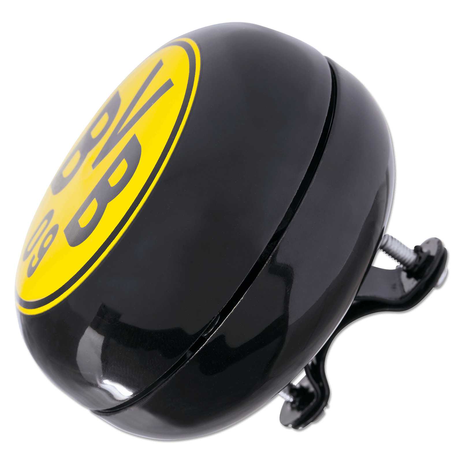 Detailansicht der BVB-Fahrradklingel XXL in schwarzgelb mit großem BVB-Emblem auf der Oberseite. Das Montagesystem ist seitlich sichtbar.