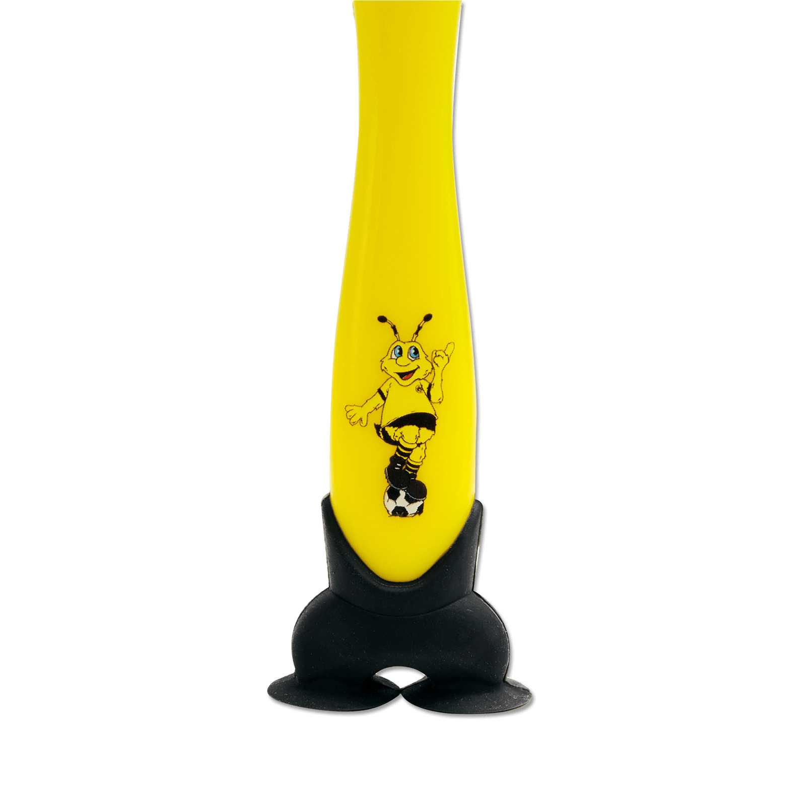 Detailansicht der gelben BVB Zahnbürste für Kinder mit EMMA-Motiv auf dem Griff und schwarzem Standfuß.