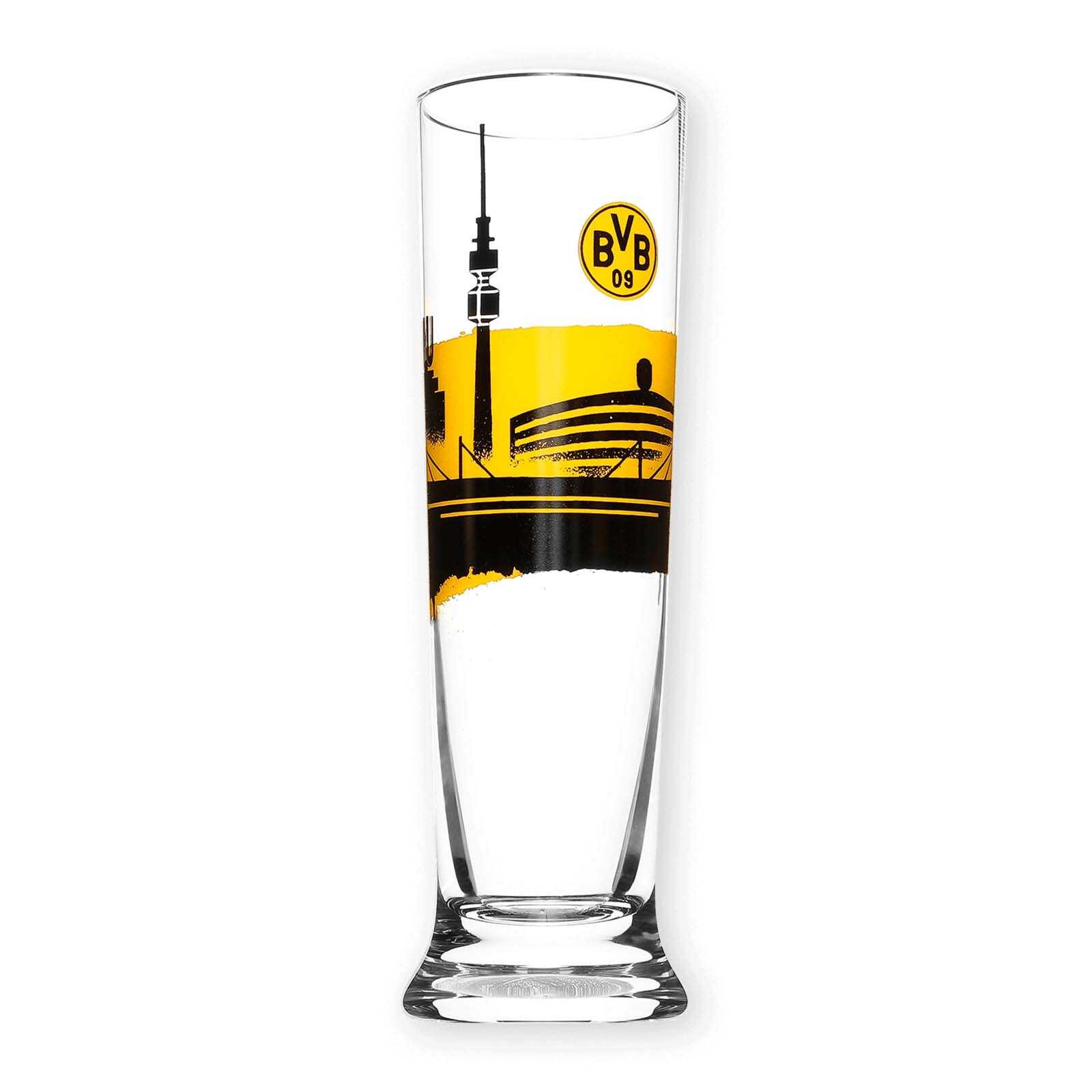 Vorderansicht des BVB Pilsglas Skyline (0,3l) mit schwarzgelber Skyline von Dortmund und BVB-Emblem auf dem Glas.