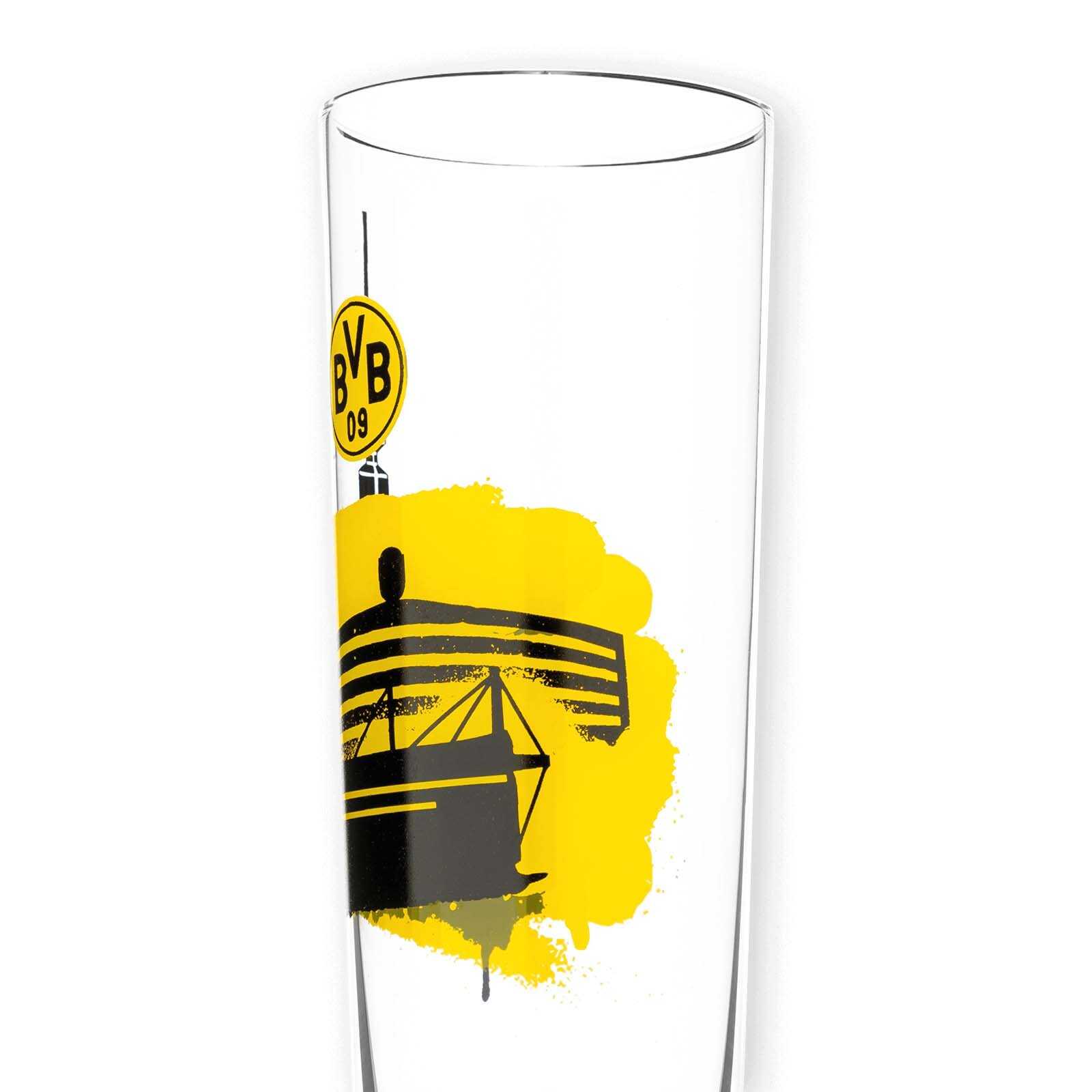 Detailansicht des BVB Pilsglas Skyline (0,3l) mit schwarzgelber Skyline-Grafik von Dortmund und SIGNAL IDUNA PARK sowie prominentem BVB-Emblem.