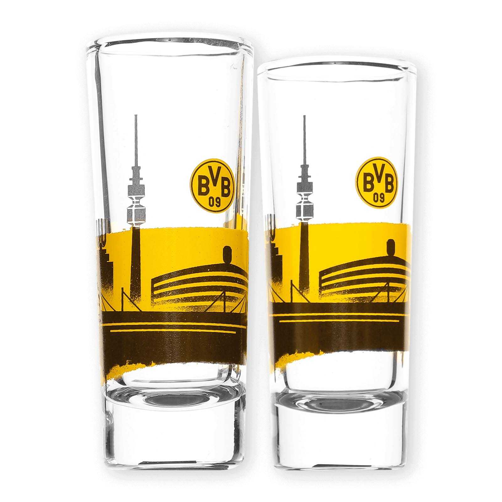 Vorderansicht der BVB Schnapsglas Skyline (2 Stück) mit schwarzgelber Stadtsilhouette und BVB-Emblem auf beiden Gläsern.