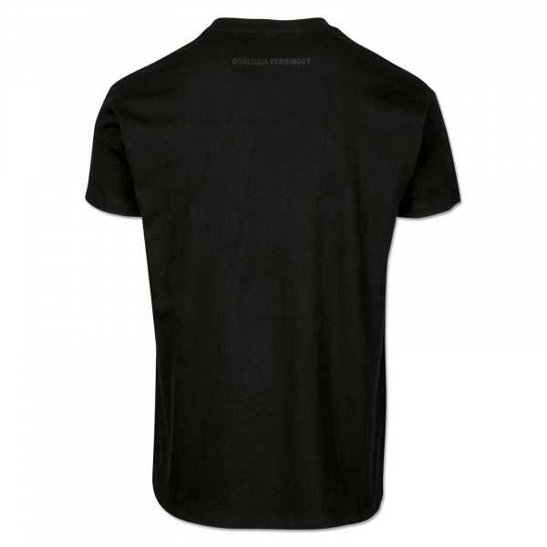 Rückansicht des schwarzgelben BVB T-Shirt Leuchte auf, Unisex. Schlichtes Design mit dezentem Schriftzug "BORUSSIA VERBINDET" am Nacken.