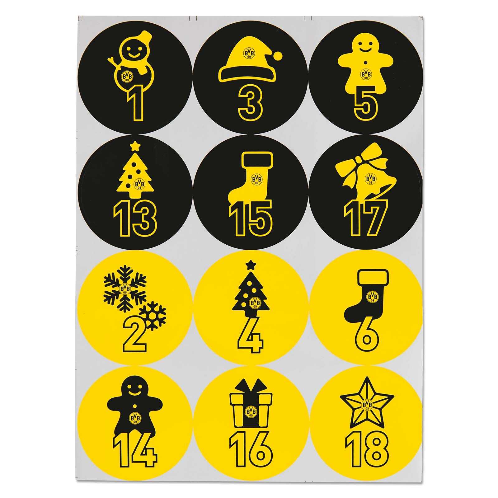 Frontansicht des BVB Adventskalender mit schwarzgelben runden Türchen, weihnachtlichen Motiven und BVB-Emblem auf jeder Zahl.