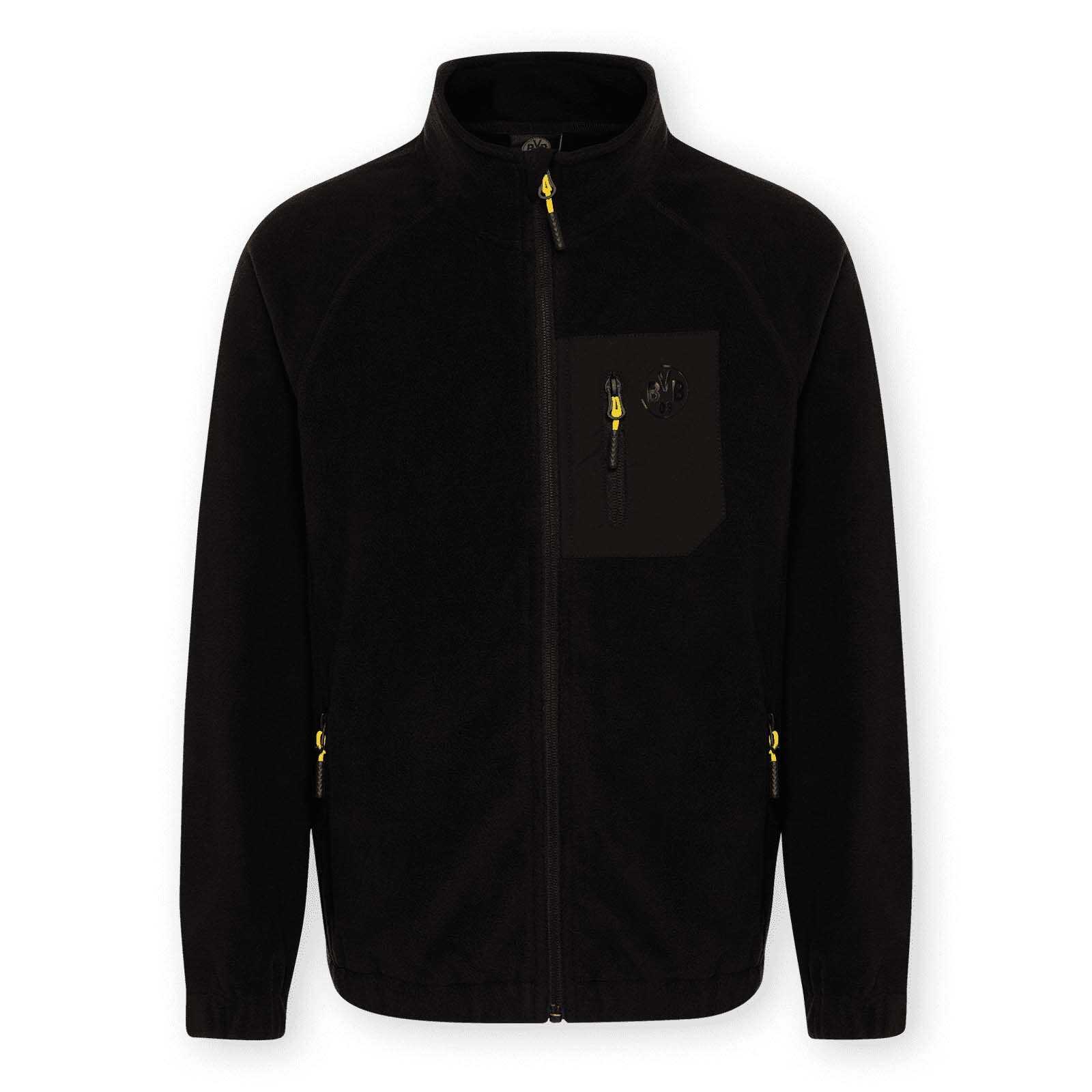 Vorderansicht der BVB-Fleecejacke Kinder in schwarzgelb mit Stehkragen, Brusttasche und BVB-Emblem auf der linken Brust.