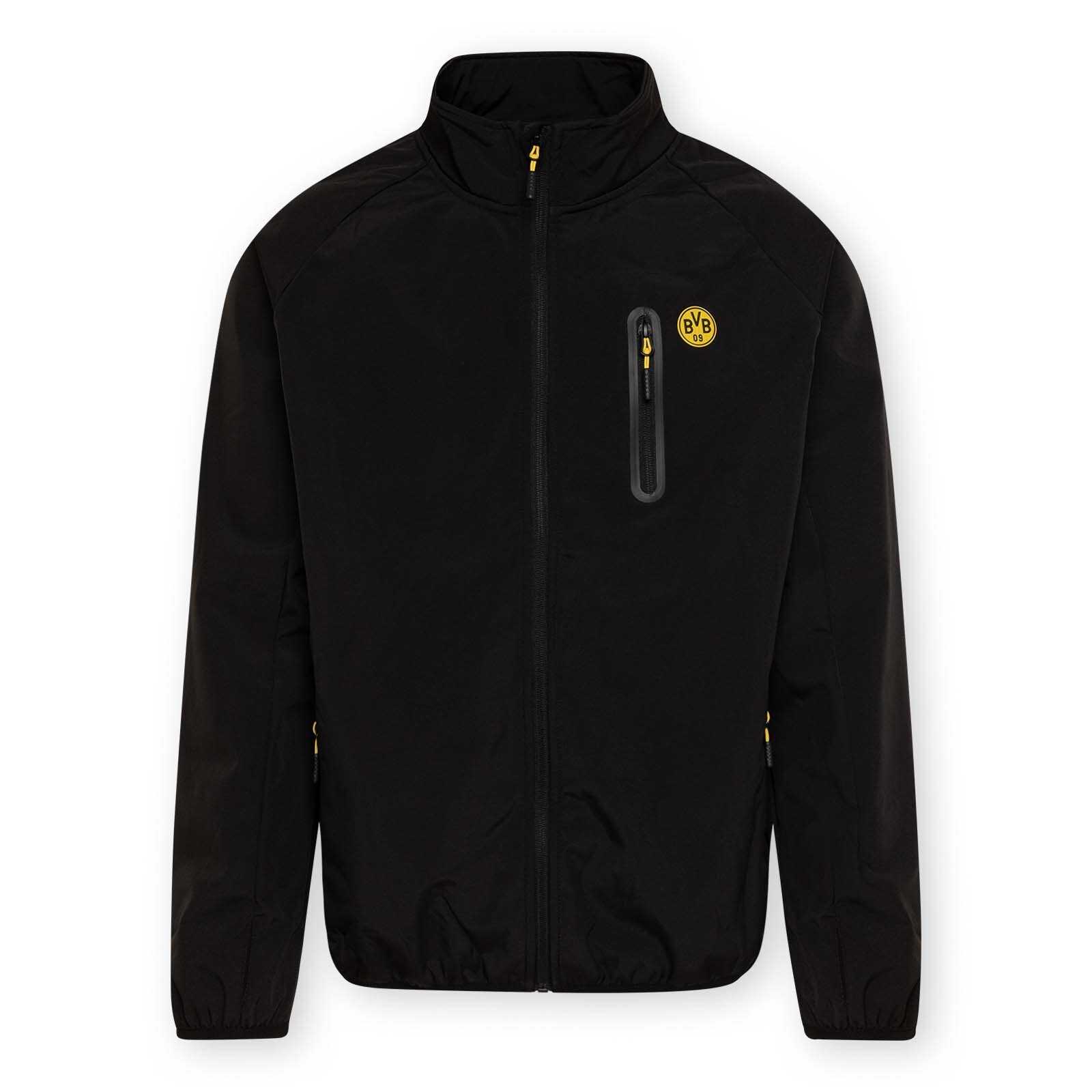 Vorderansicht der schwarzgelben BVB-Softshelljacke mit BVB-Emblem auf der Brust und gelben Reißverschlussdetails.