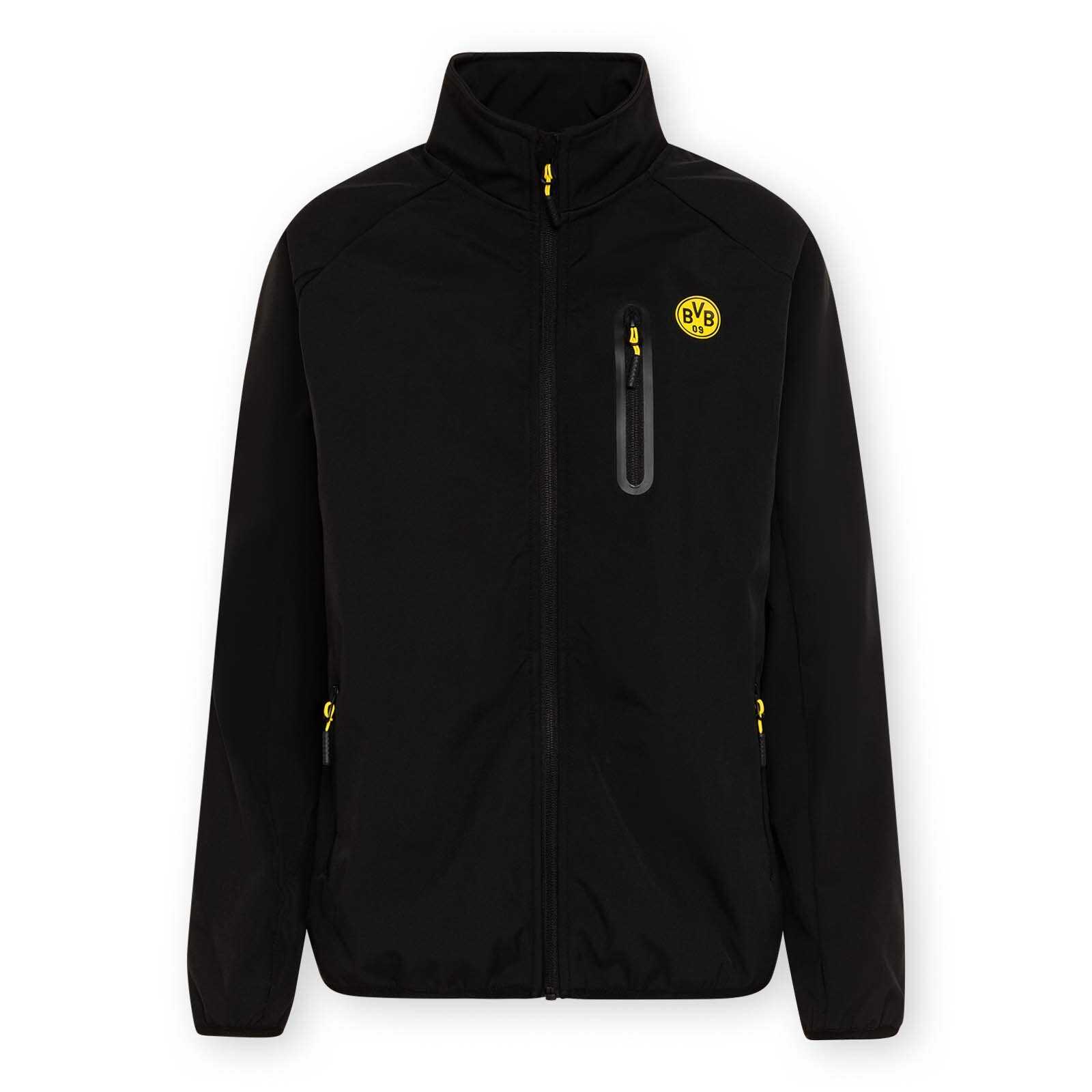 Vorderansicht der schwarzgelben BVB-Softshelljacke Frauen mit gelben Reißverschlussdetails und BVB-Emblem auf der linken Brust.