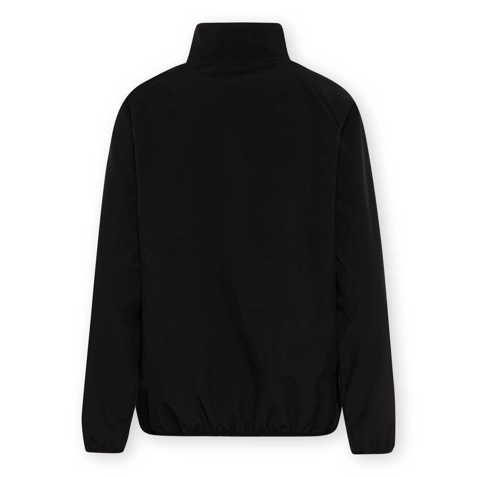 Rückansicht der schwarzen BVB-Softshelljacke Frauen ohne sichtbare Details oder Branding, schlichter Schnitt mit Stehkragen und elastischem Bund.
