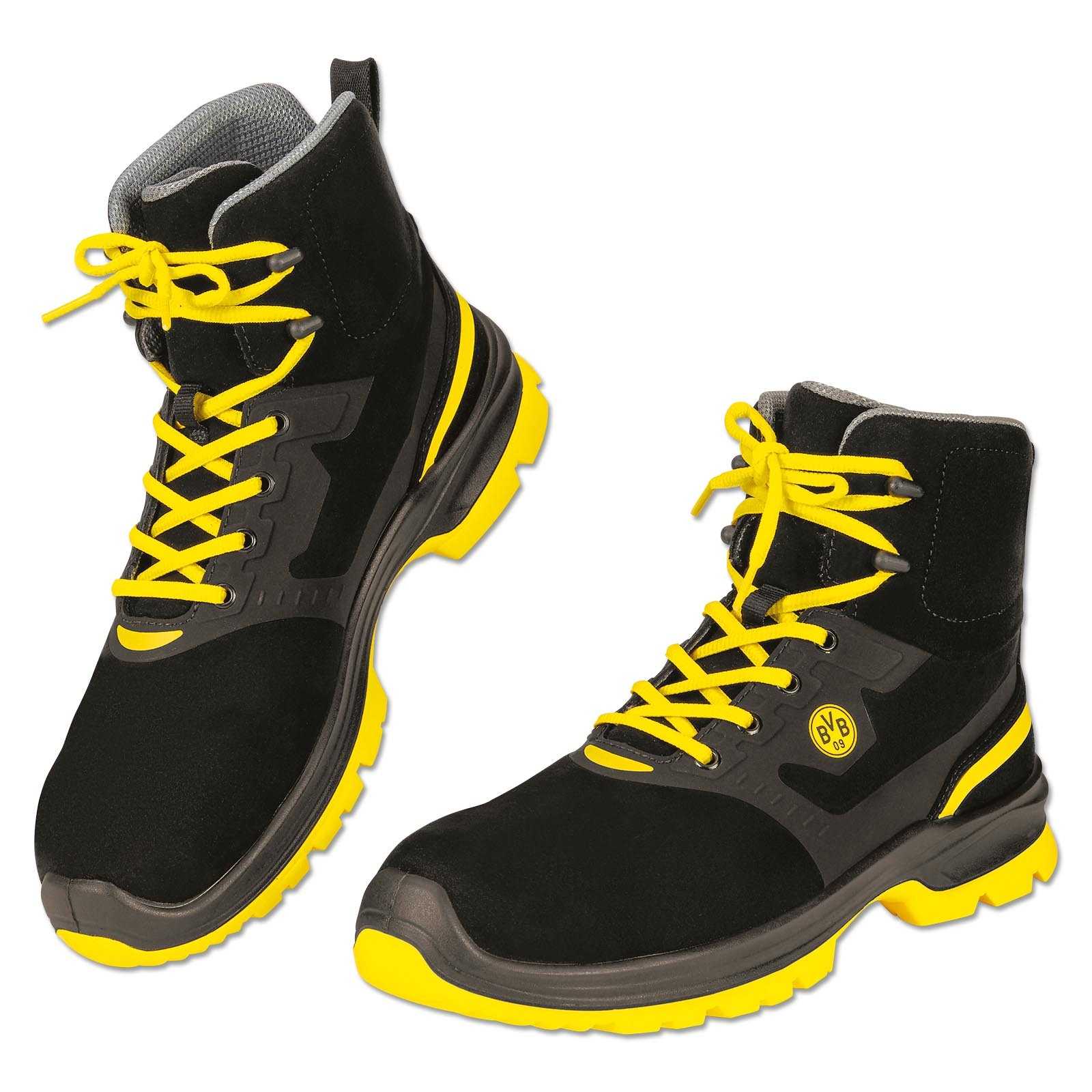 Paar schwarzgelber BVB SICHERHEITSSCHUH S3 "MALOCHER 09 HIGH" in der seitlichen Ansicht, gelbe Schnürsenkel und Sohle, mit BVB-Emblem an der Seite.